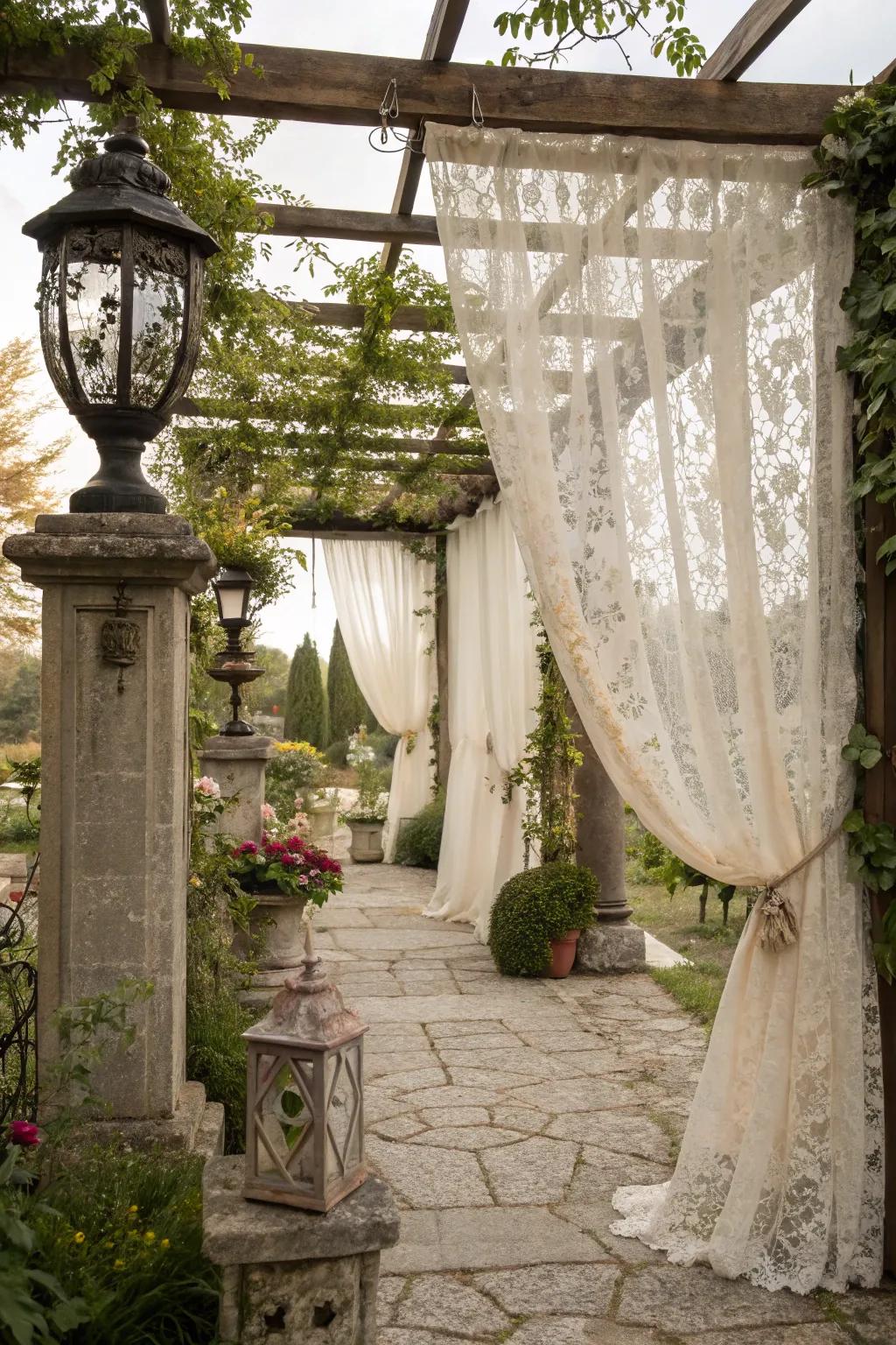 Vintage curtains bring timeless charm to your outdoor space.