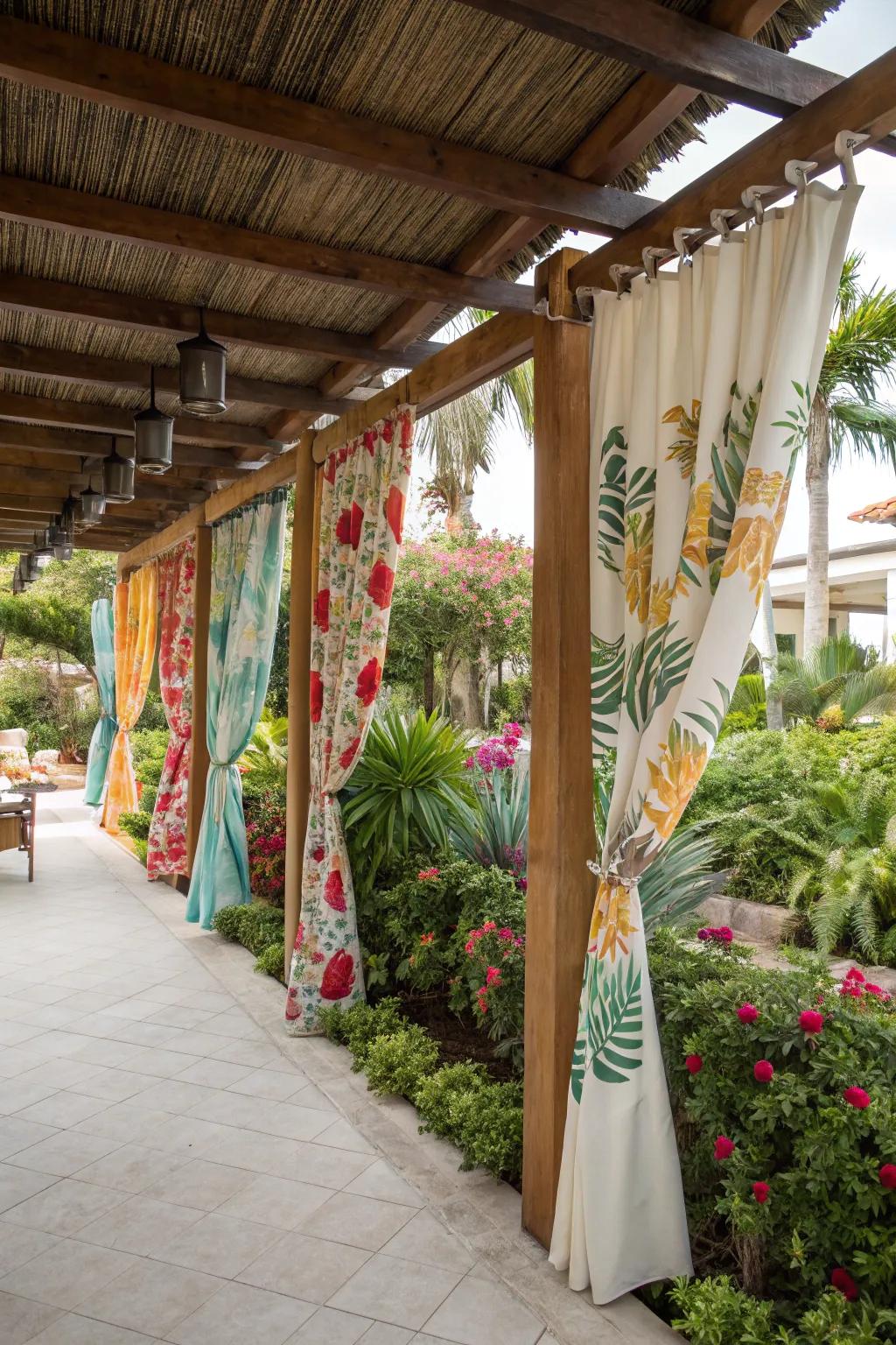 Tropical curtains transform your pergola into an exotic escape.