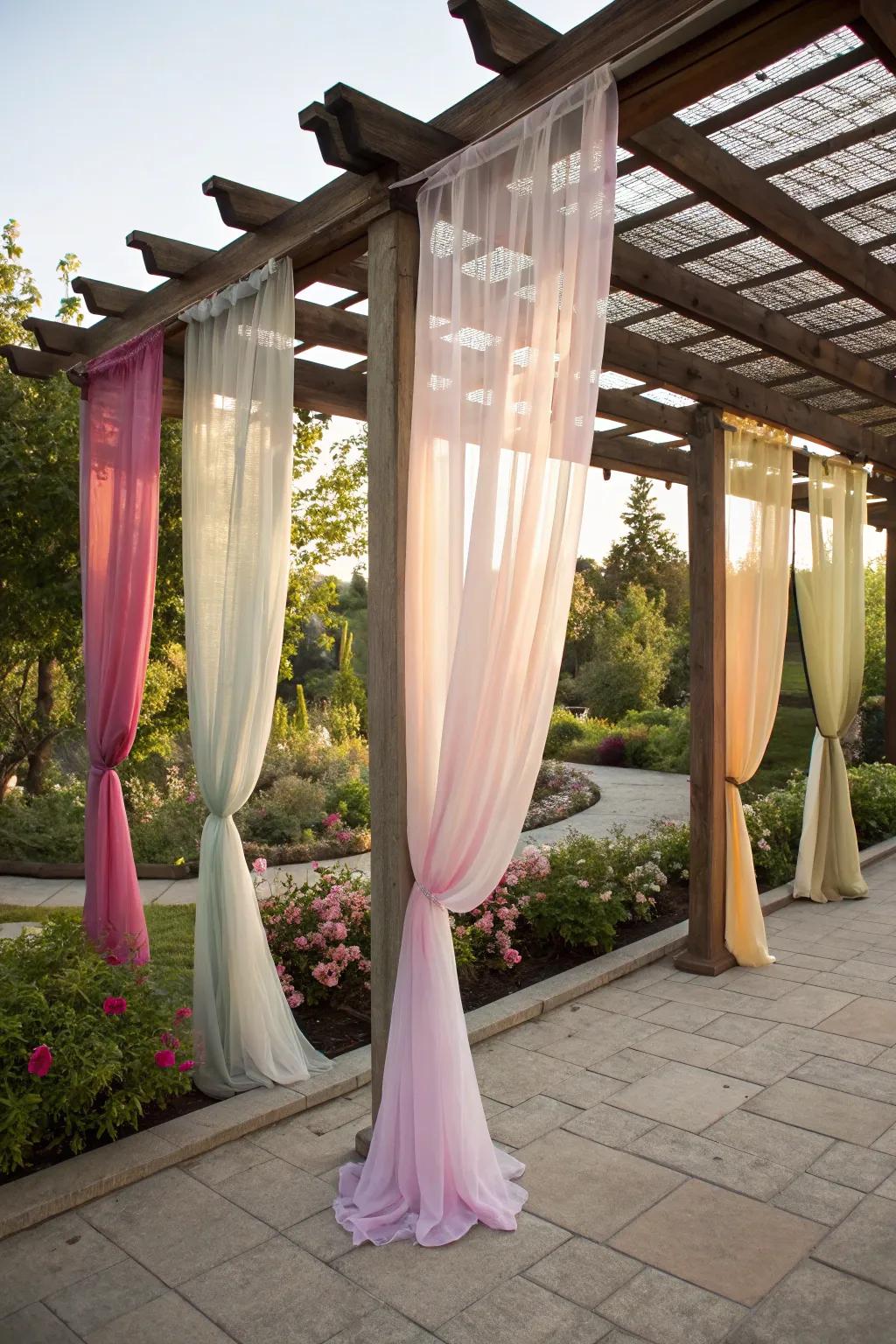 Mixing fabrics and colors adds depth and interest to your pergola.