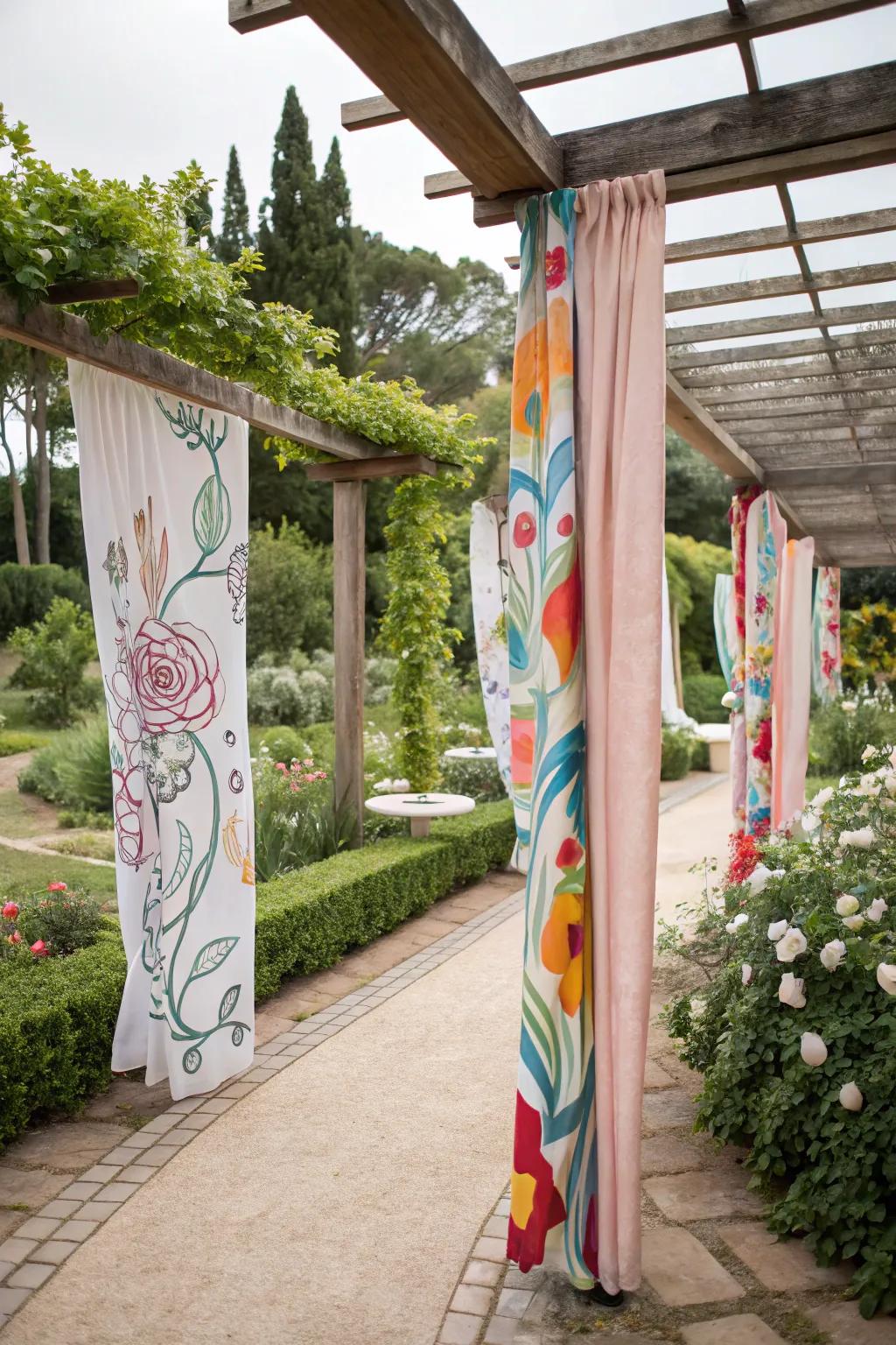 Hand-painted curtains offer a unique artistic touch to your pergola.