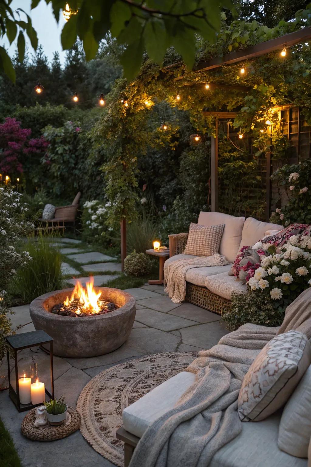 A fire pit creates a warm gathering spot.