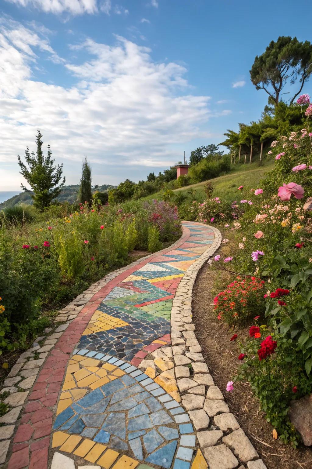 Mosaic pathways add a pop of color and creativity.