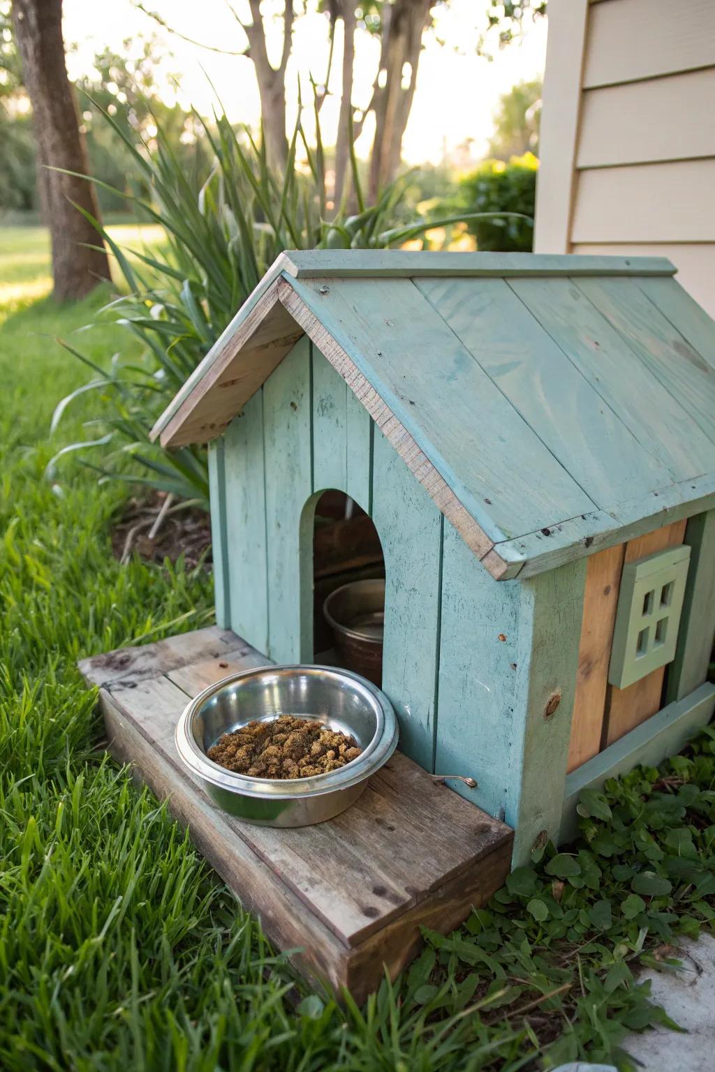 A repurposed dog house serving as a feeding station.