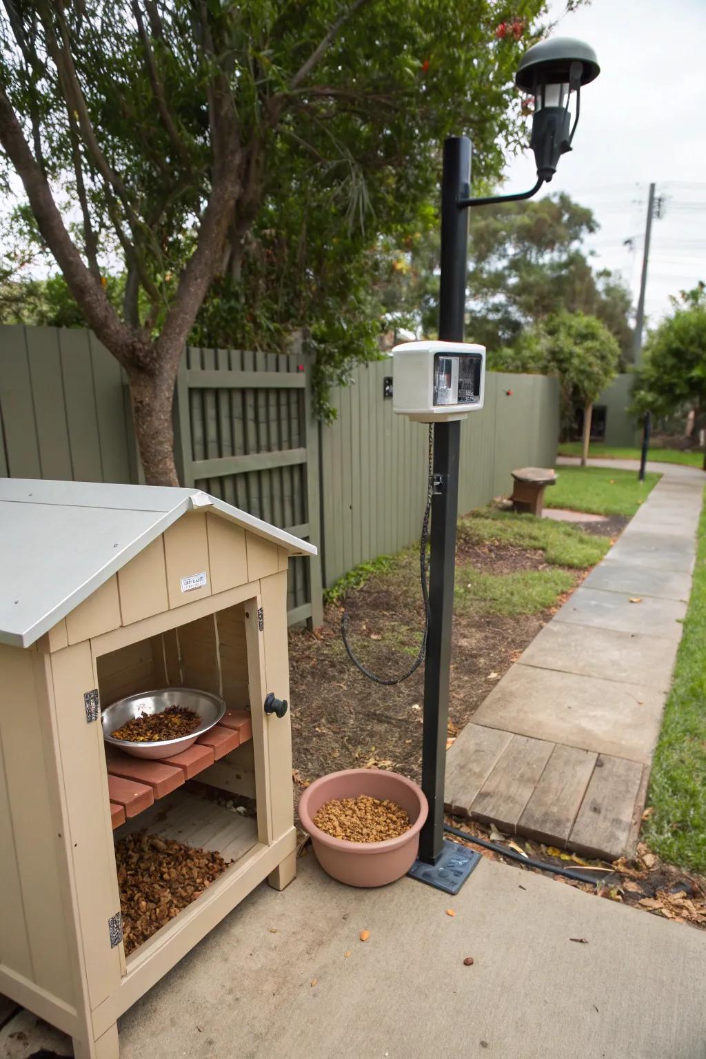 A feeding station with a security camera for monitoring.