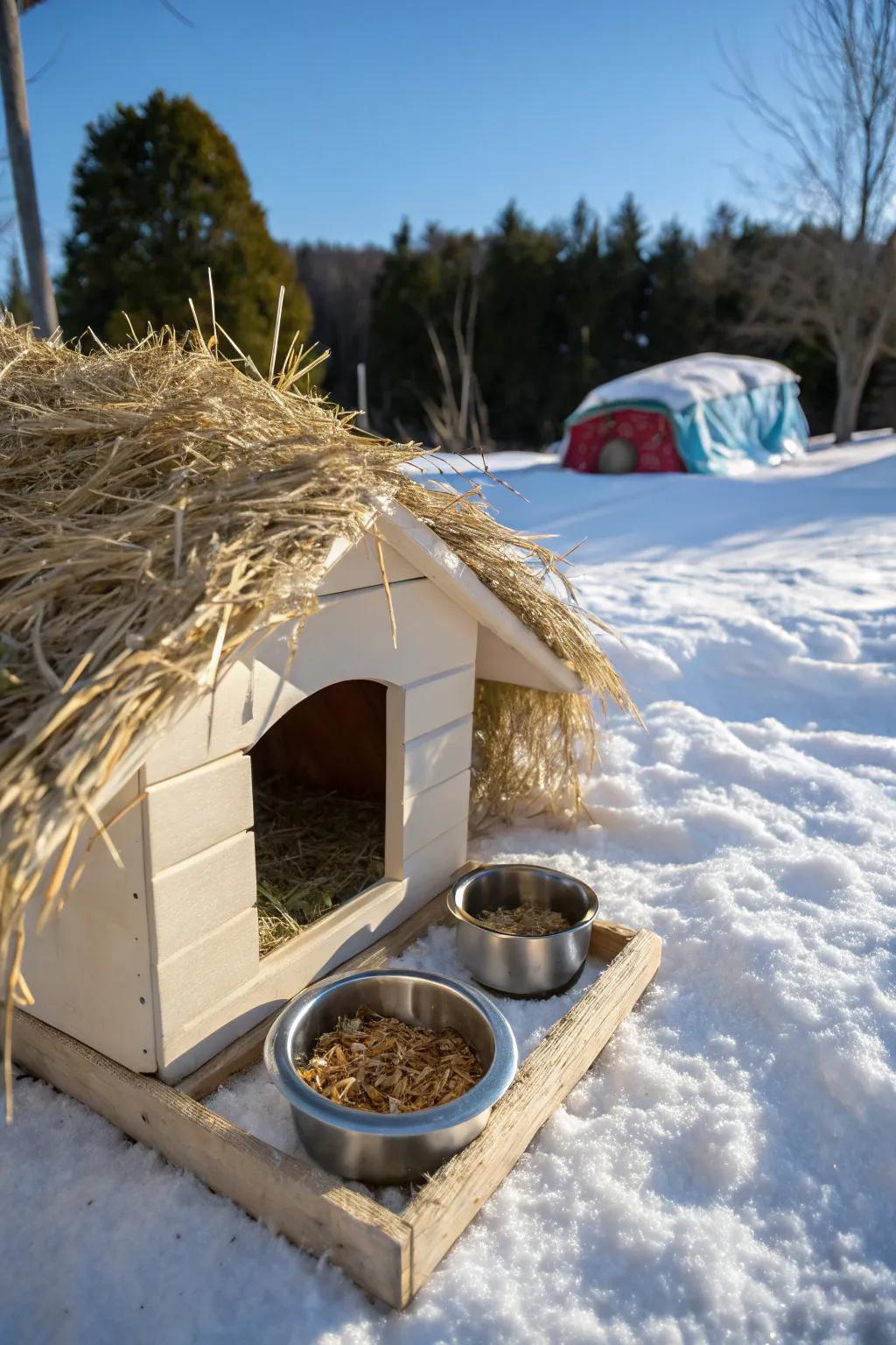 An insulated feeding station providing warmth in cooler weather.