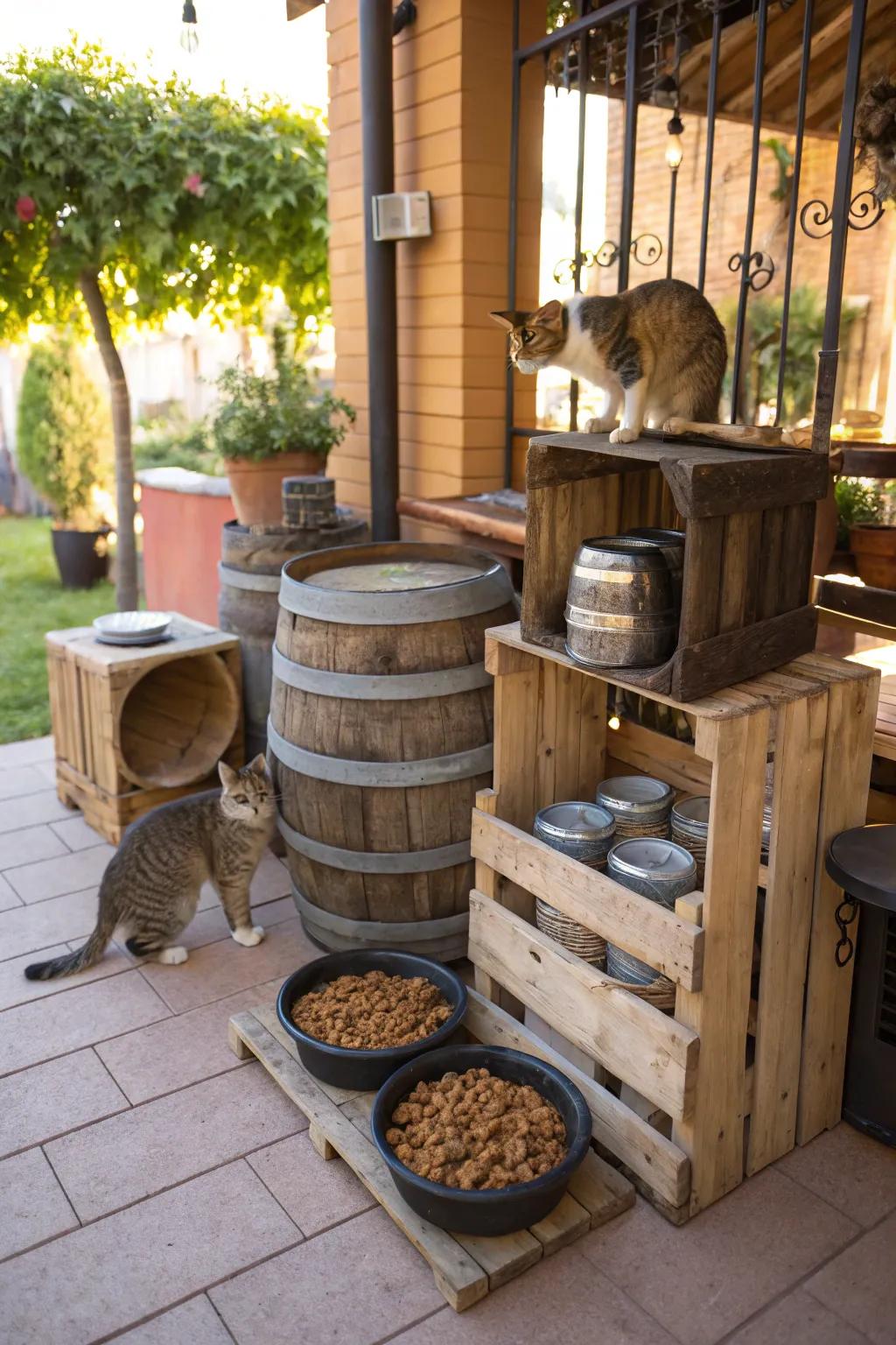 A feeding station crafted from recycled materials.