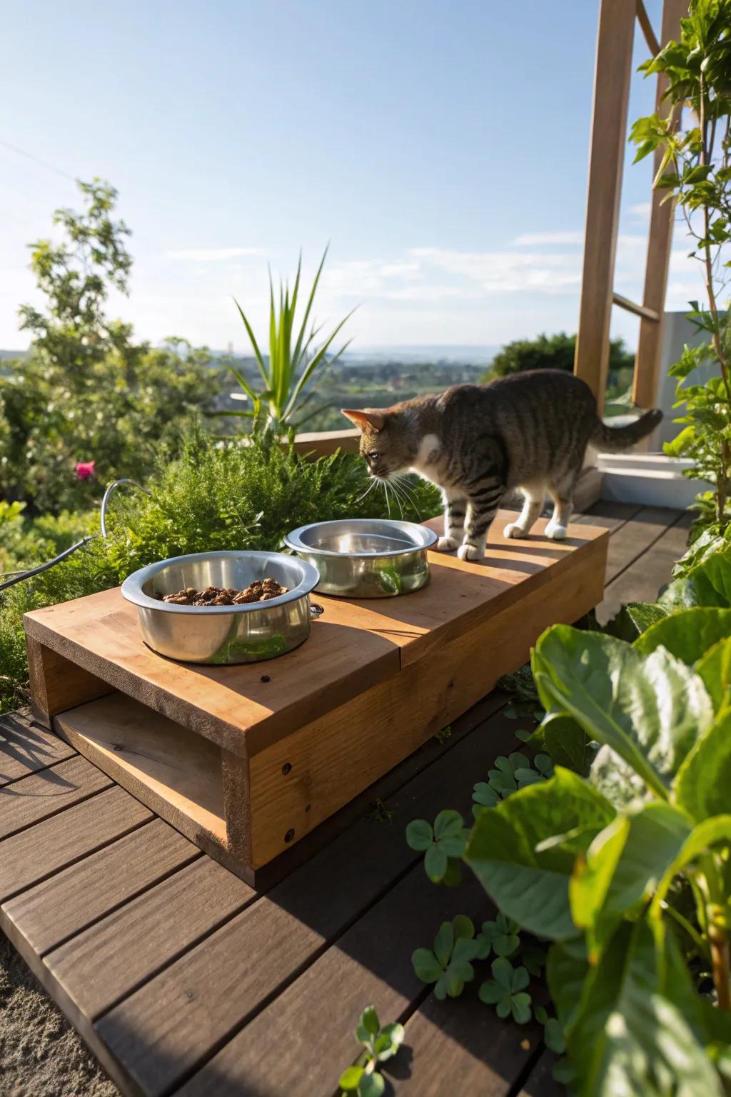 An elevated feeding station to keep food dry and safe.