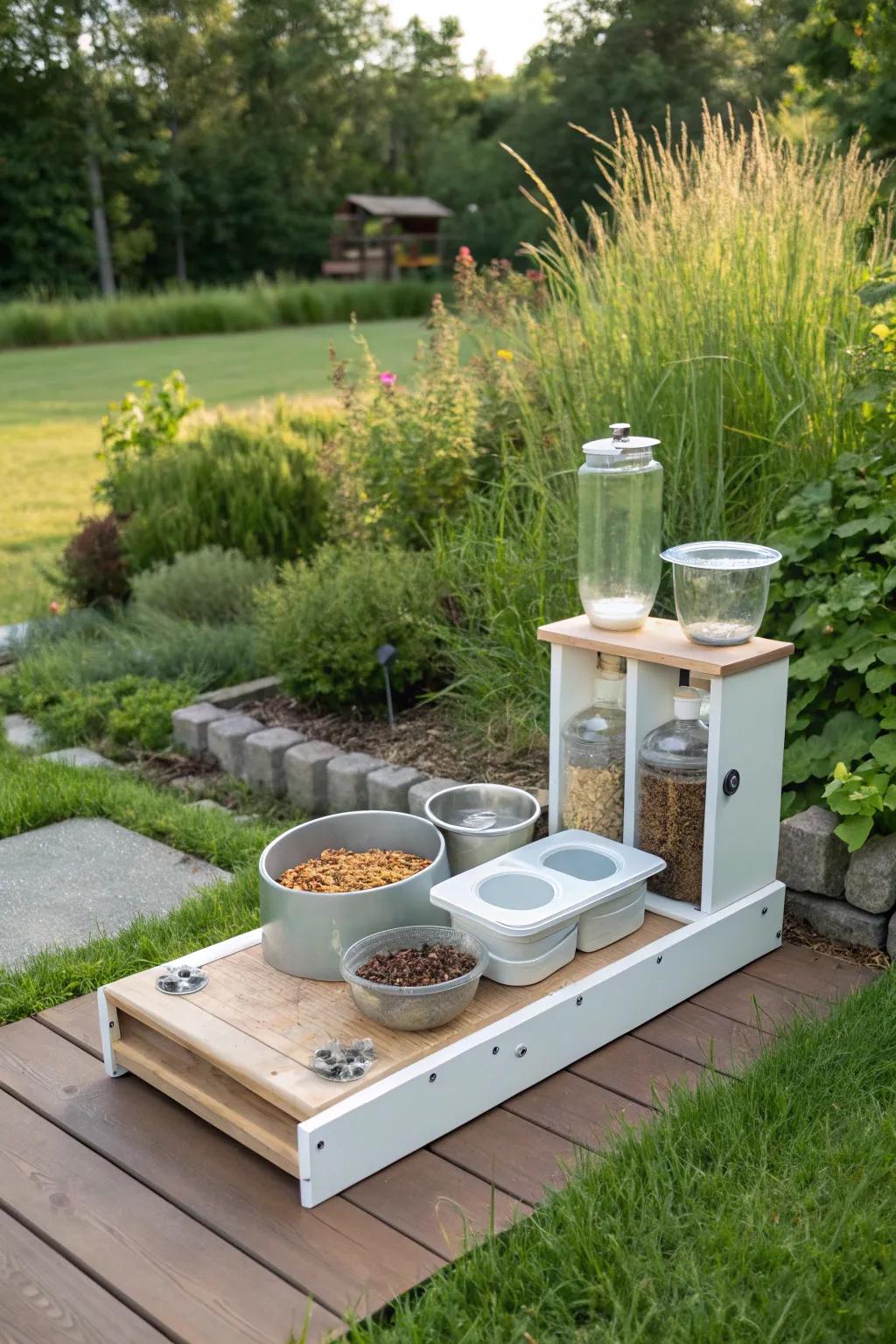A multi-compartment feeding station, offering organized dining for cats.