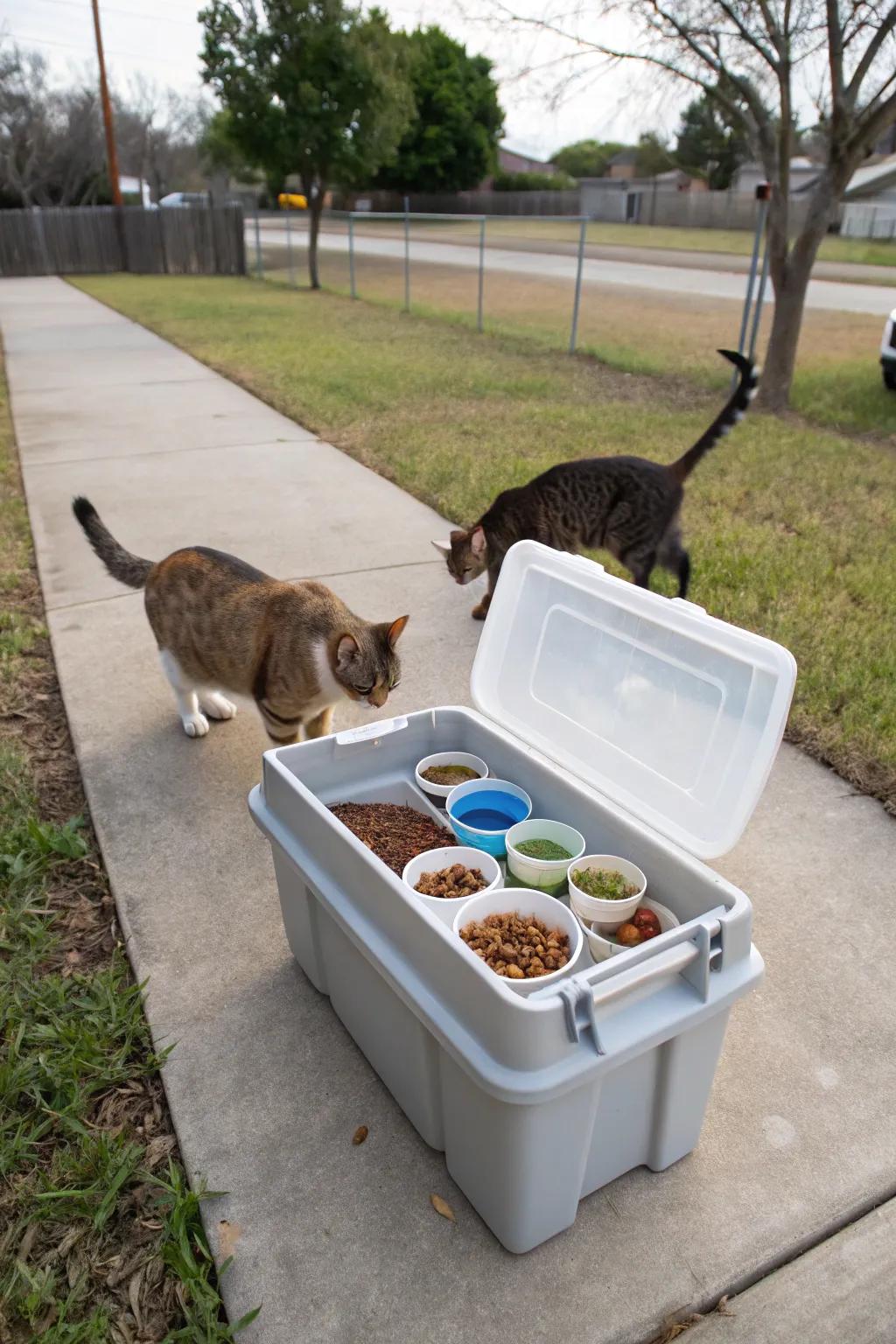 A simple DIY feeding station using a plastic storage bin.