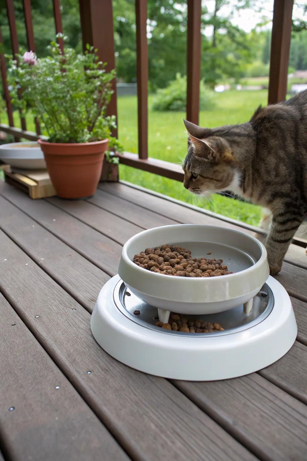 A moat bowl setup to keep ants out of the cat food.