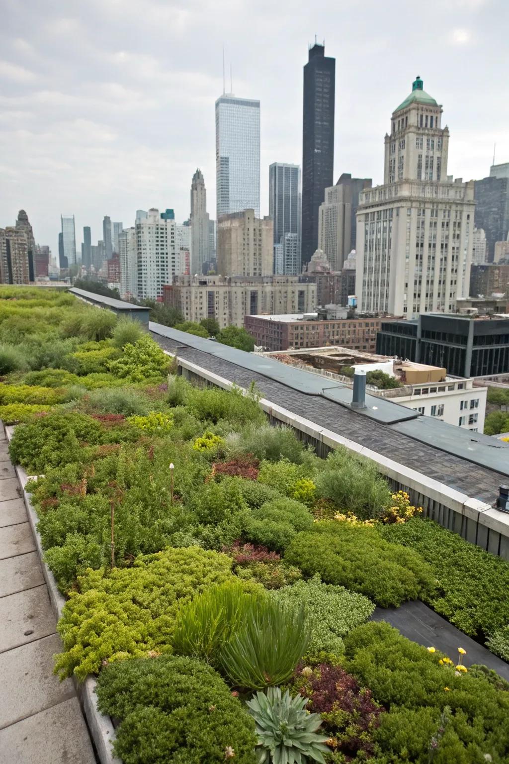 A sustainable green roof overlooking the city.