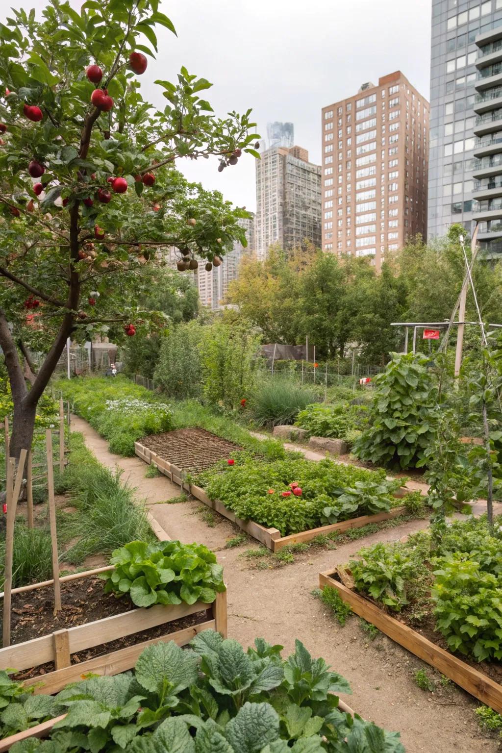 A flourishing urban food forest offering fresh produce.