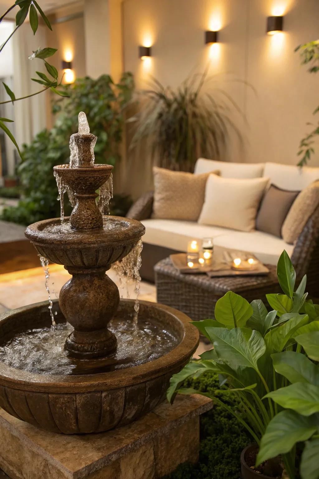 Water features add gentle, calming auditory elements.