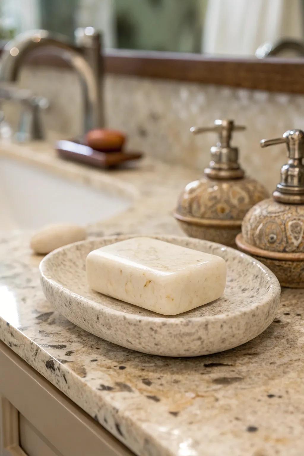 Natural stone accents add texture and an organic feel.