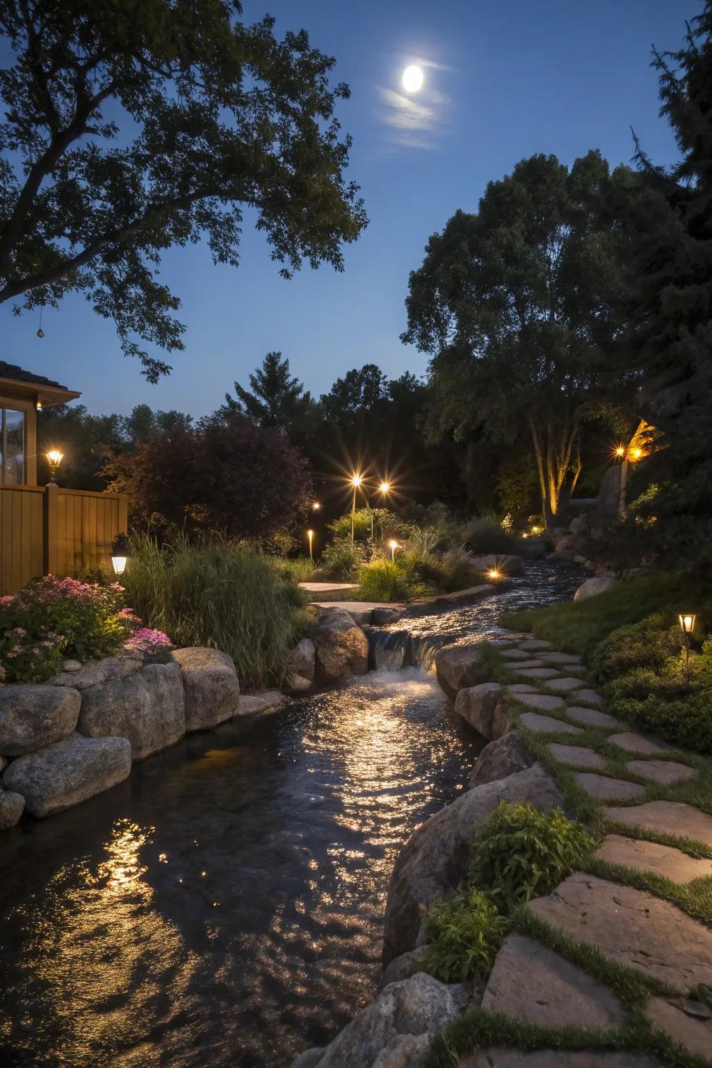 Lighting effects can transform your backyard river into a nighttime wonderland.