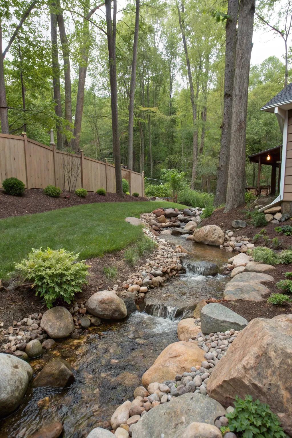 A natural rocky stream creates a rugged, authentic backyard feature.