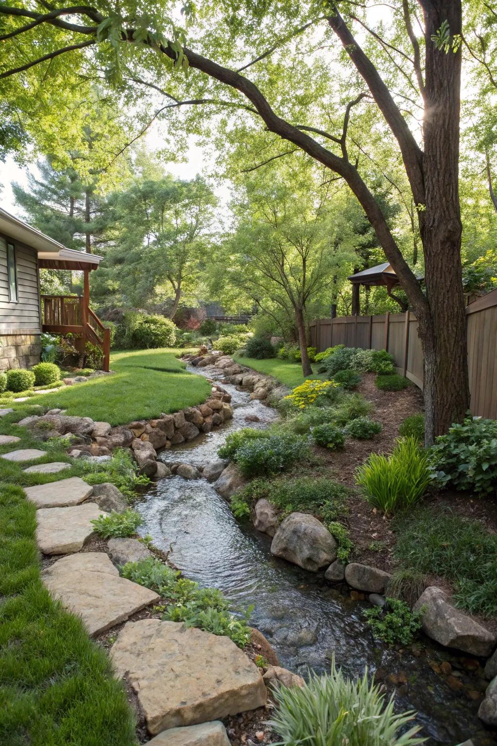 A winding stream adds a whimsical touch to any backyard setting.