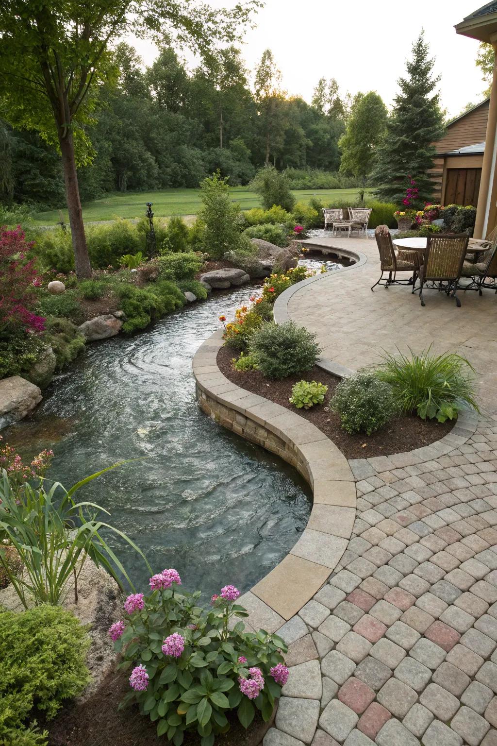 A circular river design integrates beautifully with existing backyard features.