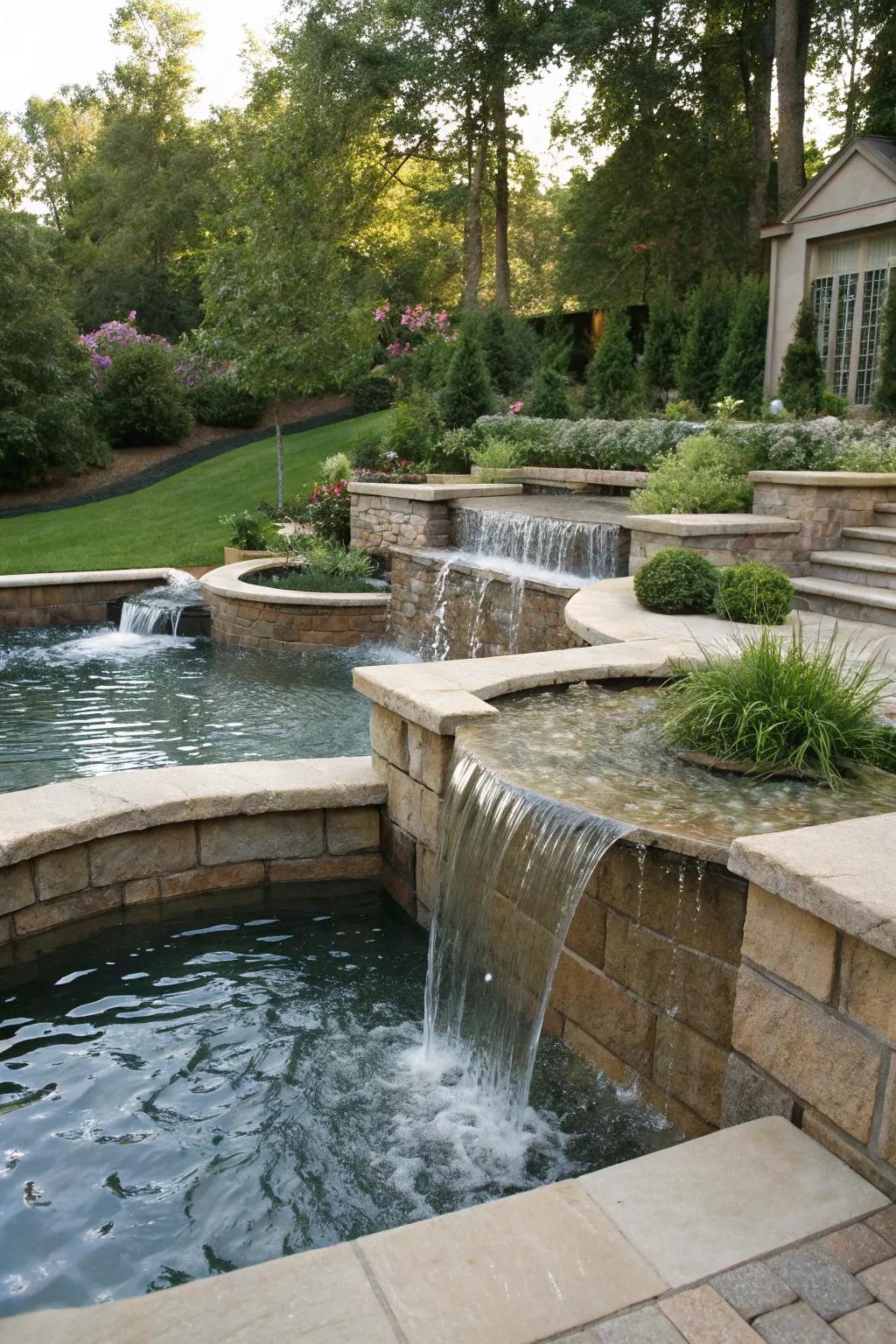 Tiered waterfalls add layers of sound and visual interest.