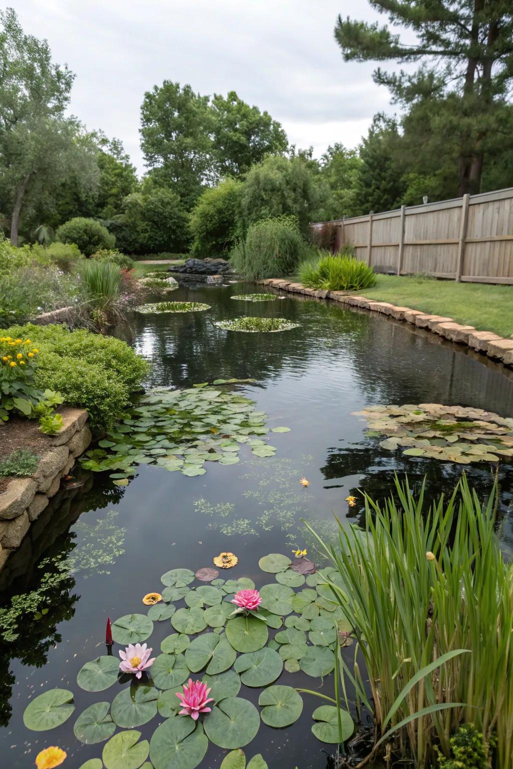 Water lilies and aquatic plants add color and help maintain water quality.