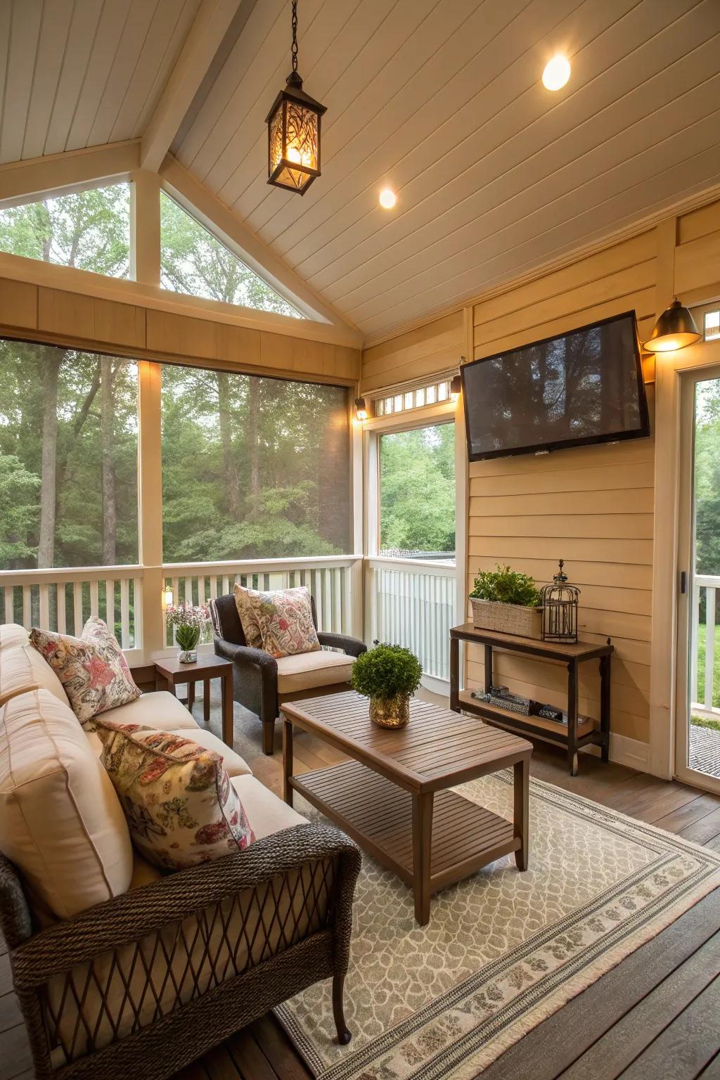 Warm beige walls create a cozy and welcoming porch nook.
