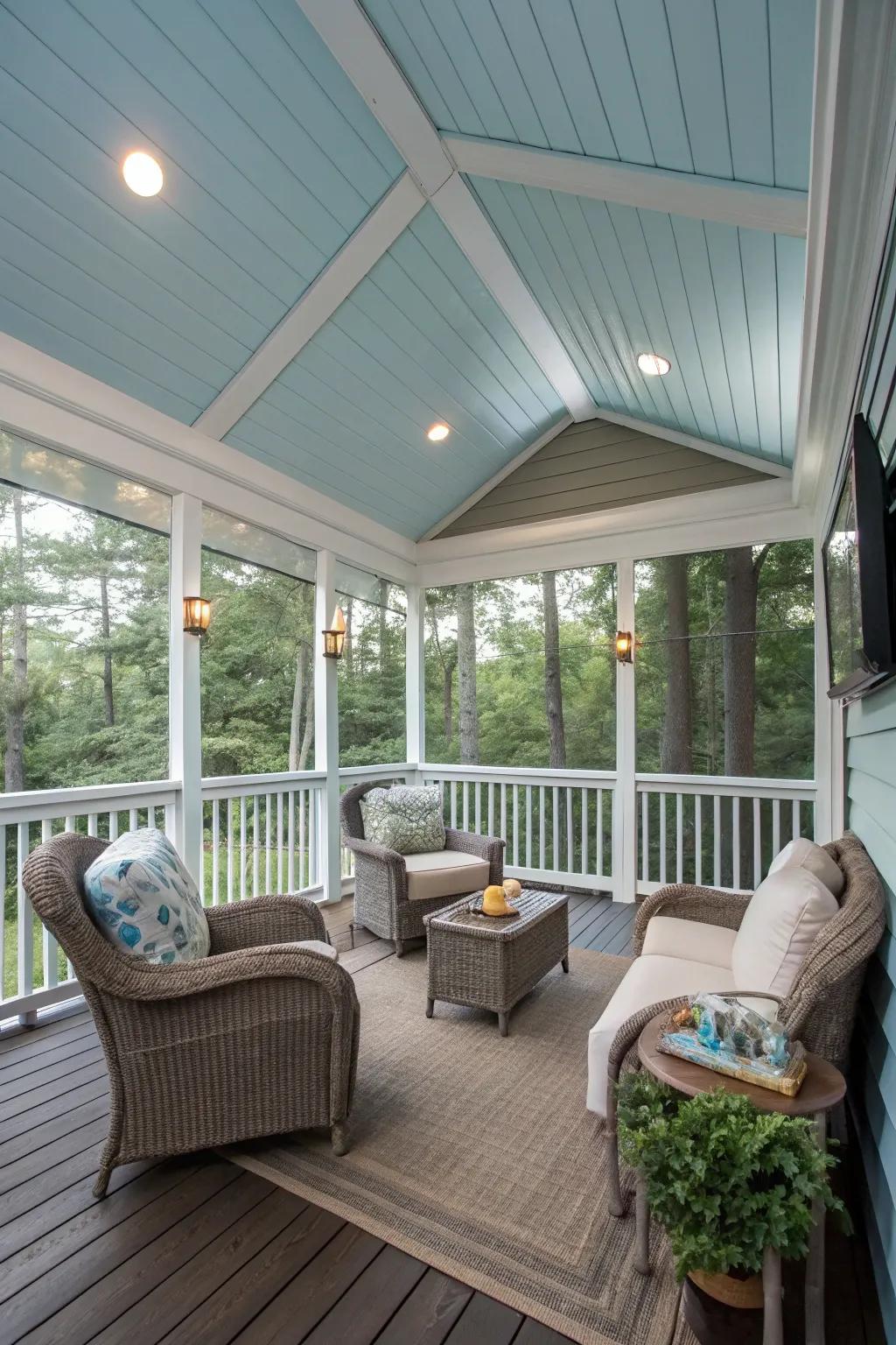 Light blue ceiling adds serenity to this comfortable porch space.