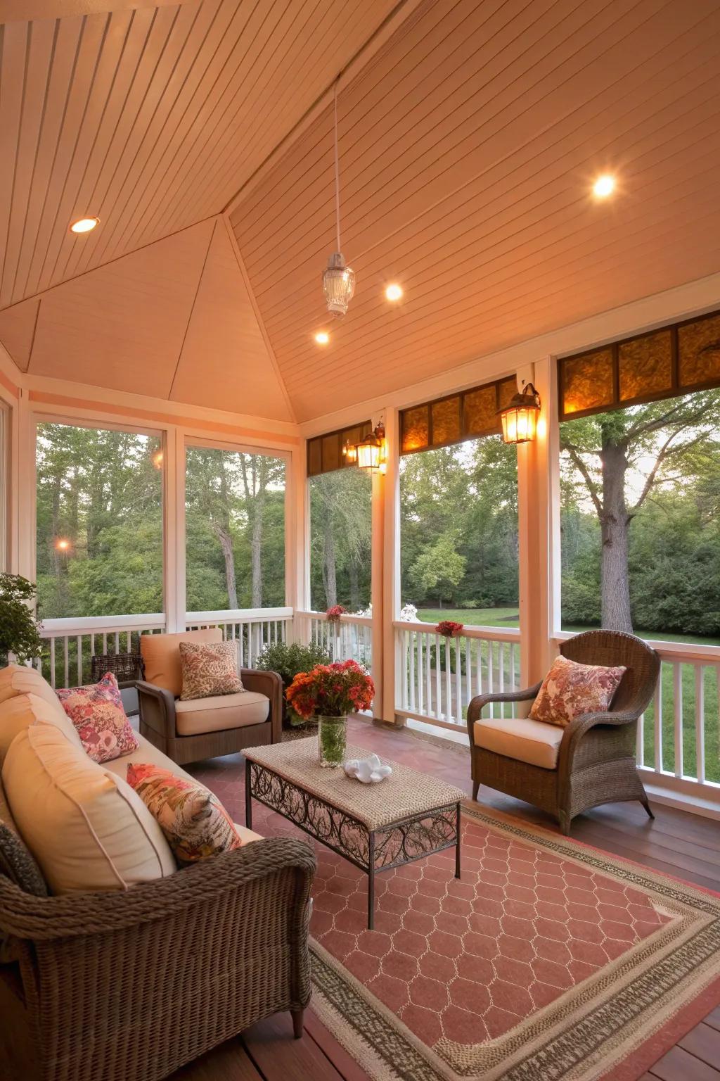 Peach-colored walls bring a warm and unique glow to the porch.