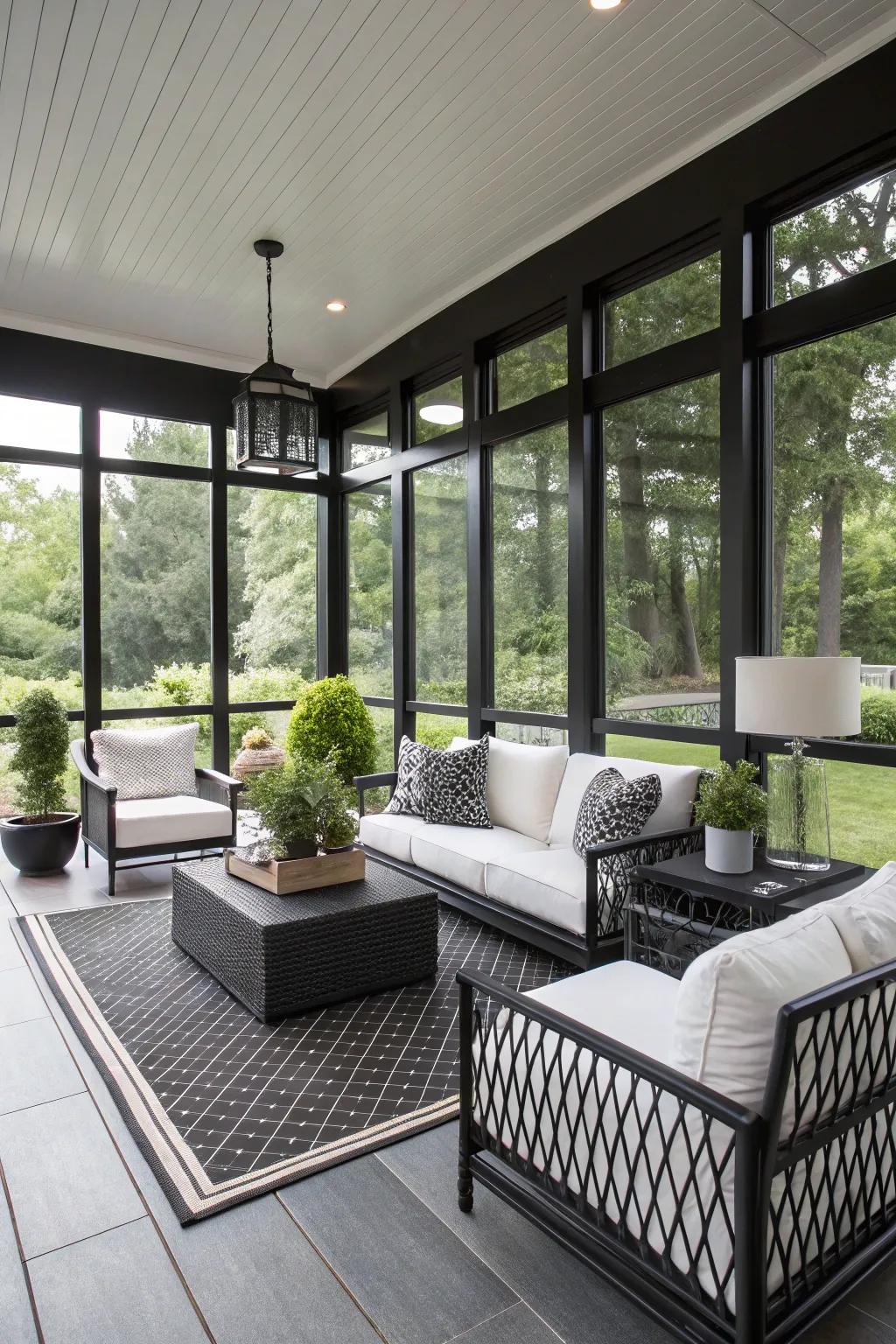 Black and white contrast adds chic style to the porch.