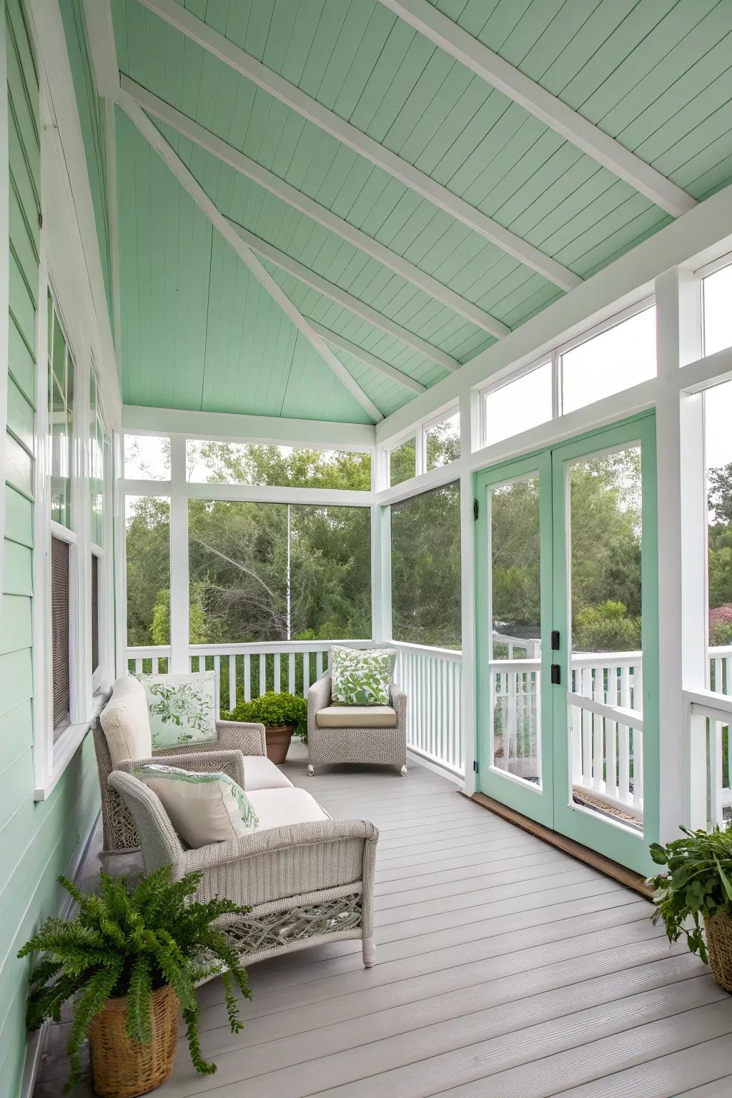 Soft mint green walls offer a fresh and vibrant porch atmosphere.