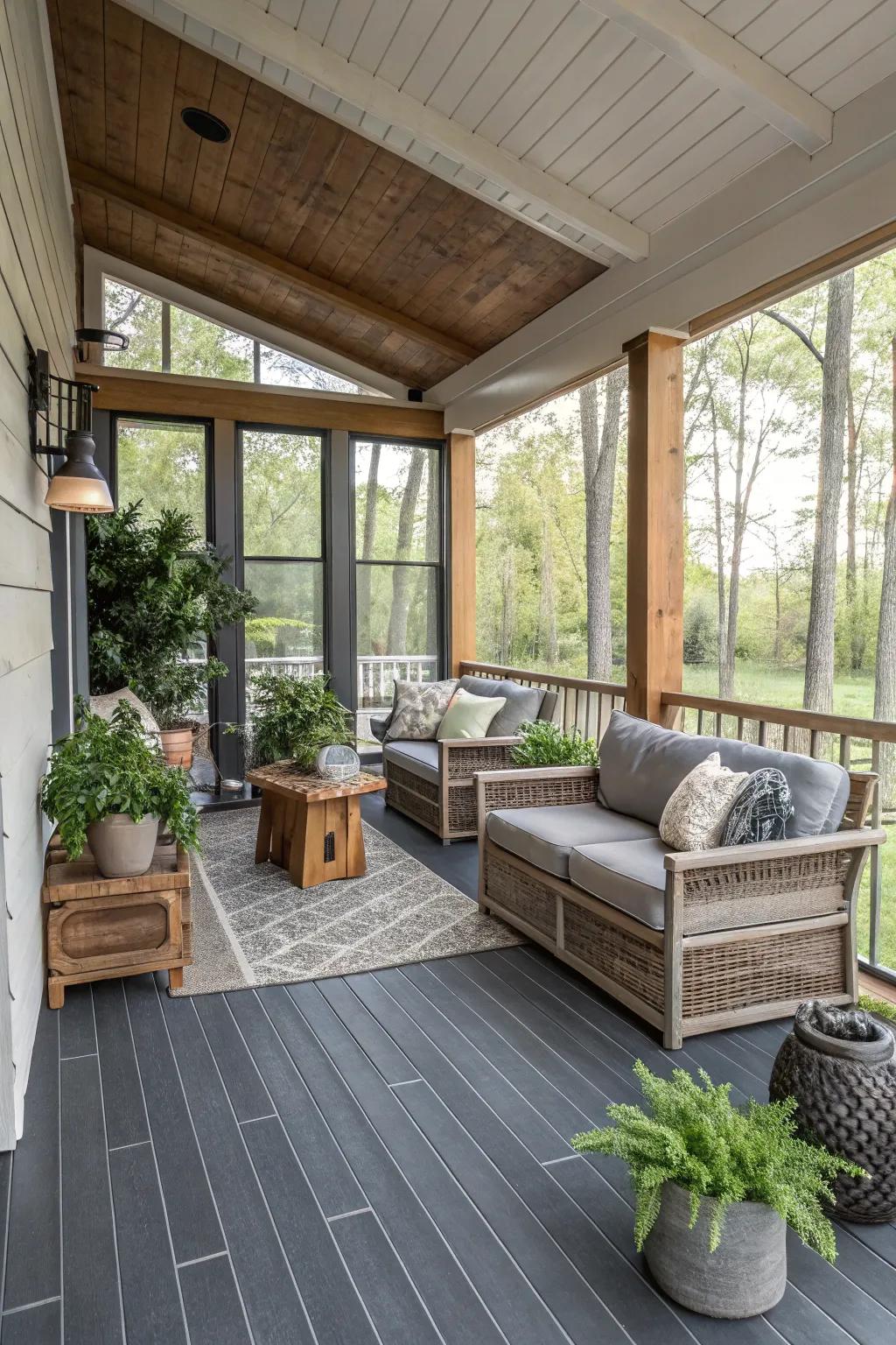 Charcoal gray flooring adds a modern rustic touch to the porch.