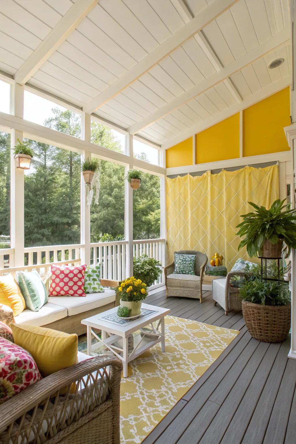 Sunshine yellow accent wall brings cheer and brightness to the porch.