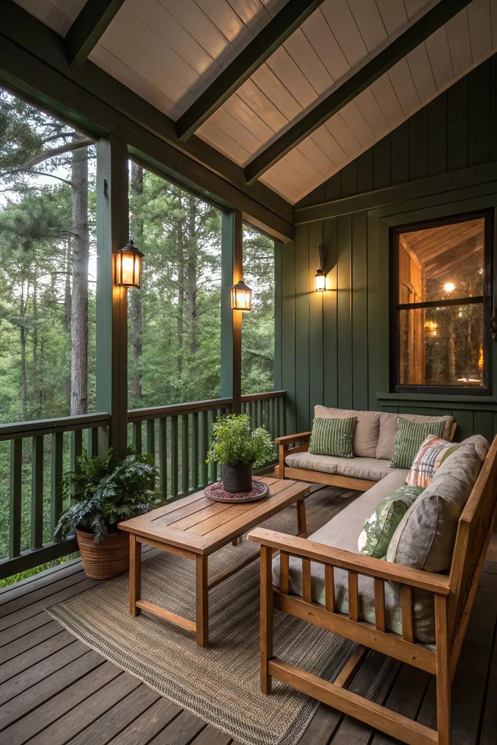 Forest green walls create a bold, inviting porch setting.