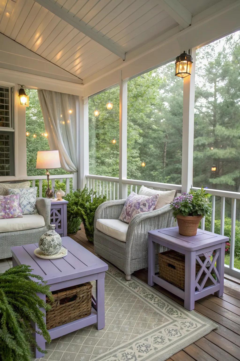 Lavender touches bring peace and calm to this porch space.