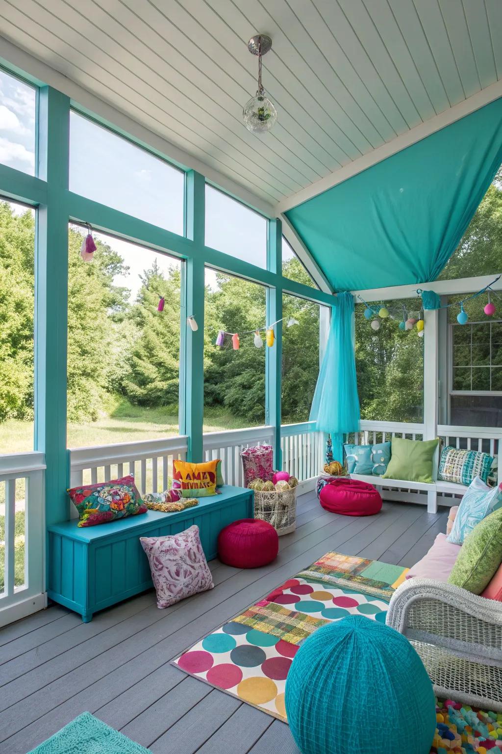 Teal accents add a playful twist to this vibrant porch.