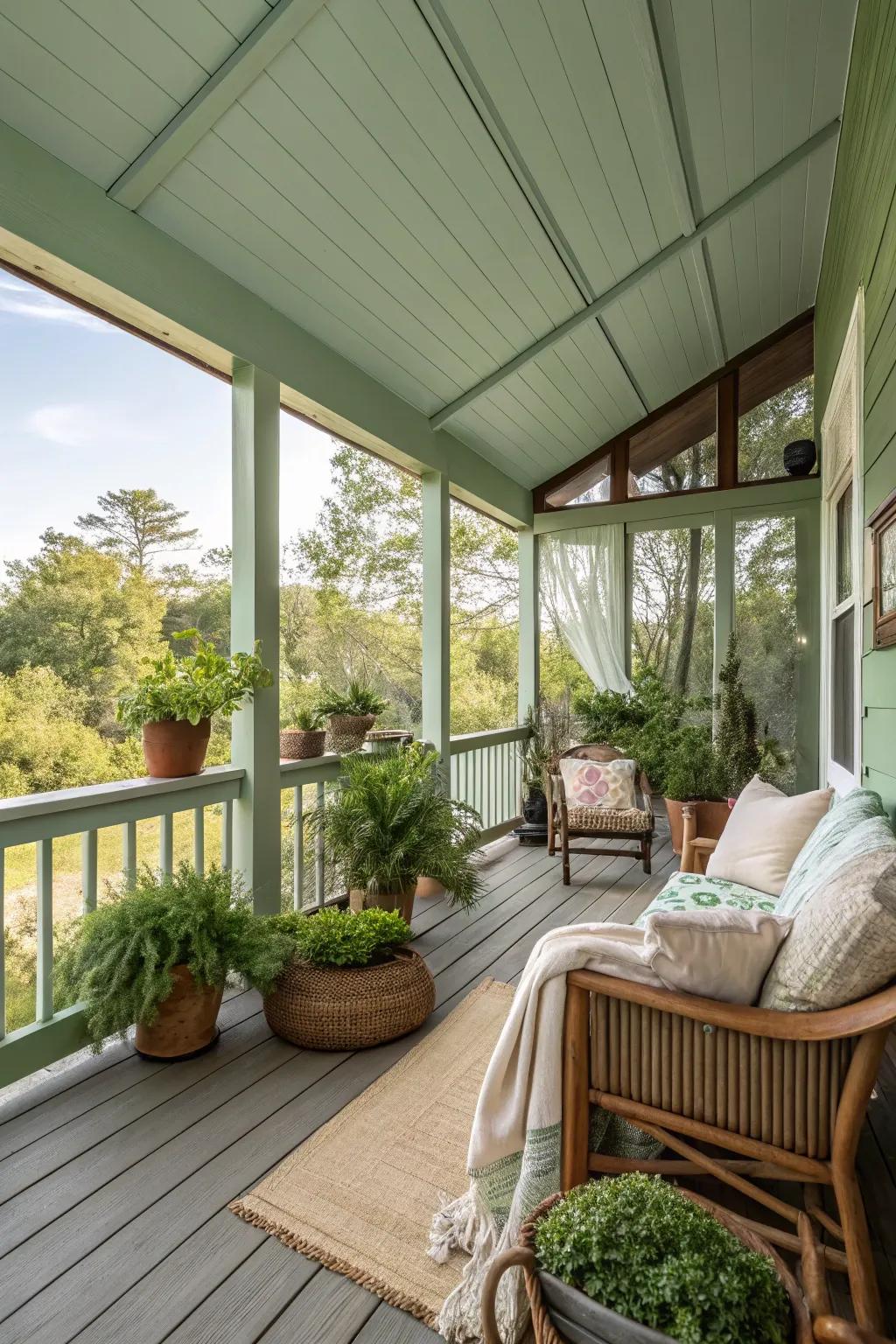 Sage green walls merge the porch seamlessly with nature.