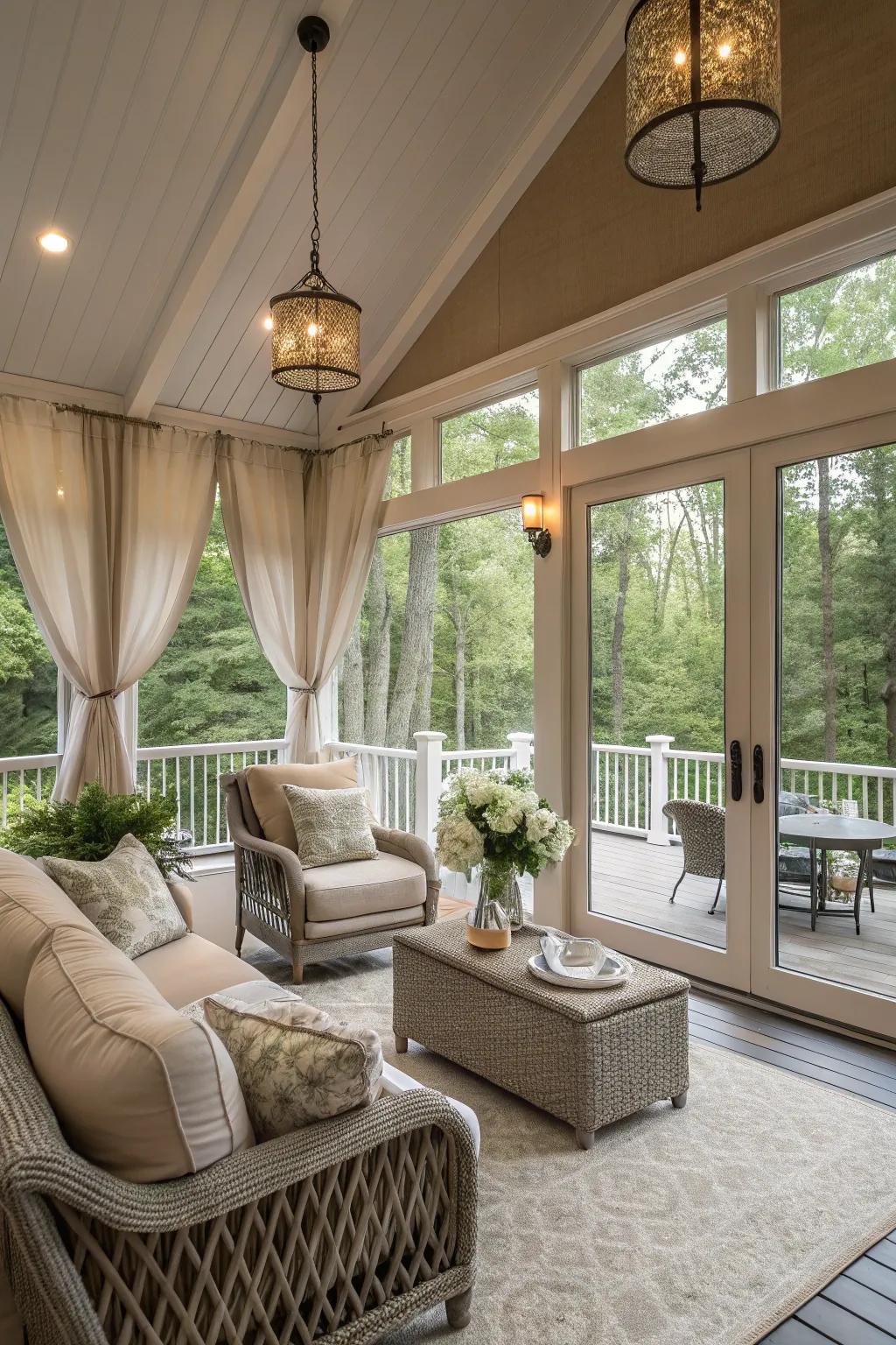 Taupe walls offer understated elegance to this porch setting.