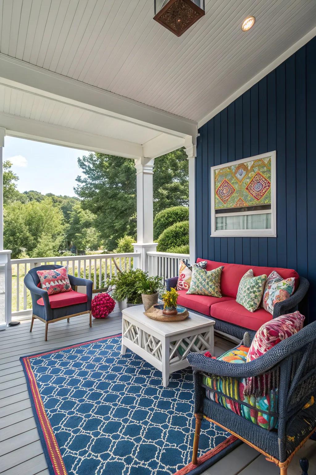 Bold navy accent wall adds drama to this stylish porch.