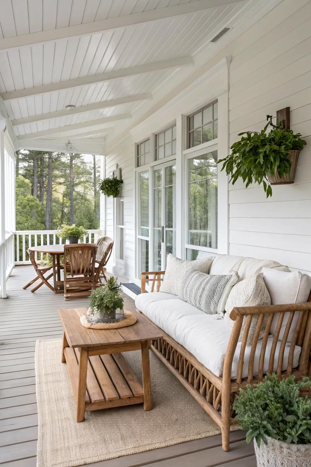 Screened-in porch with classic white walls and natural wood accents.