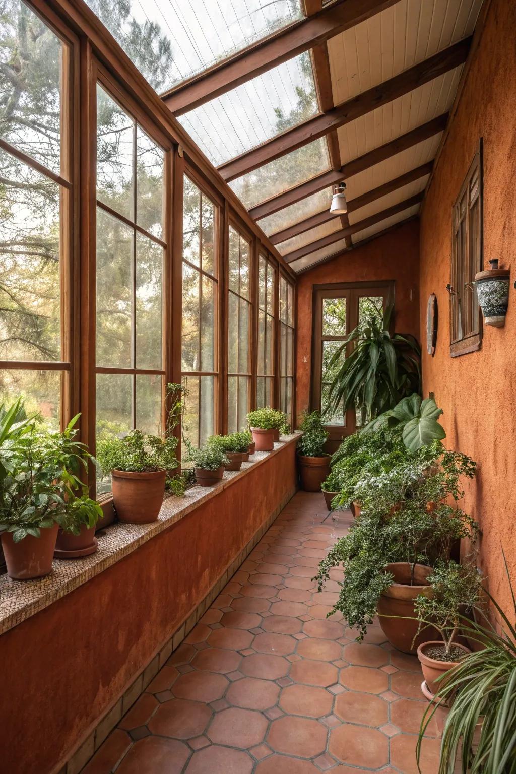 Earthy terracotta hues create a warm retreat with lush plants.
