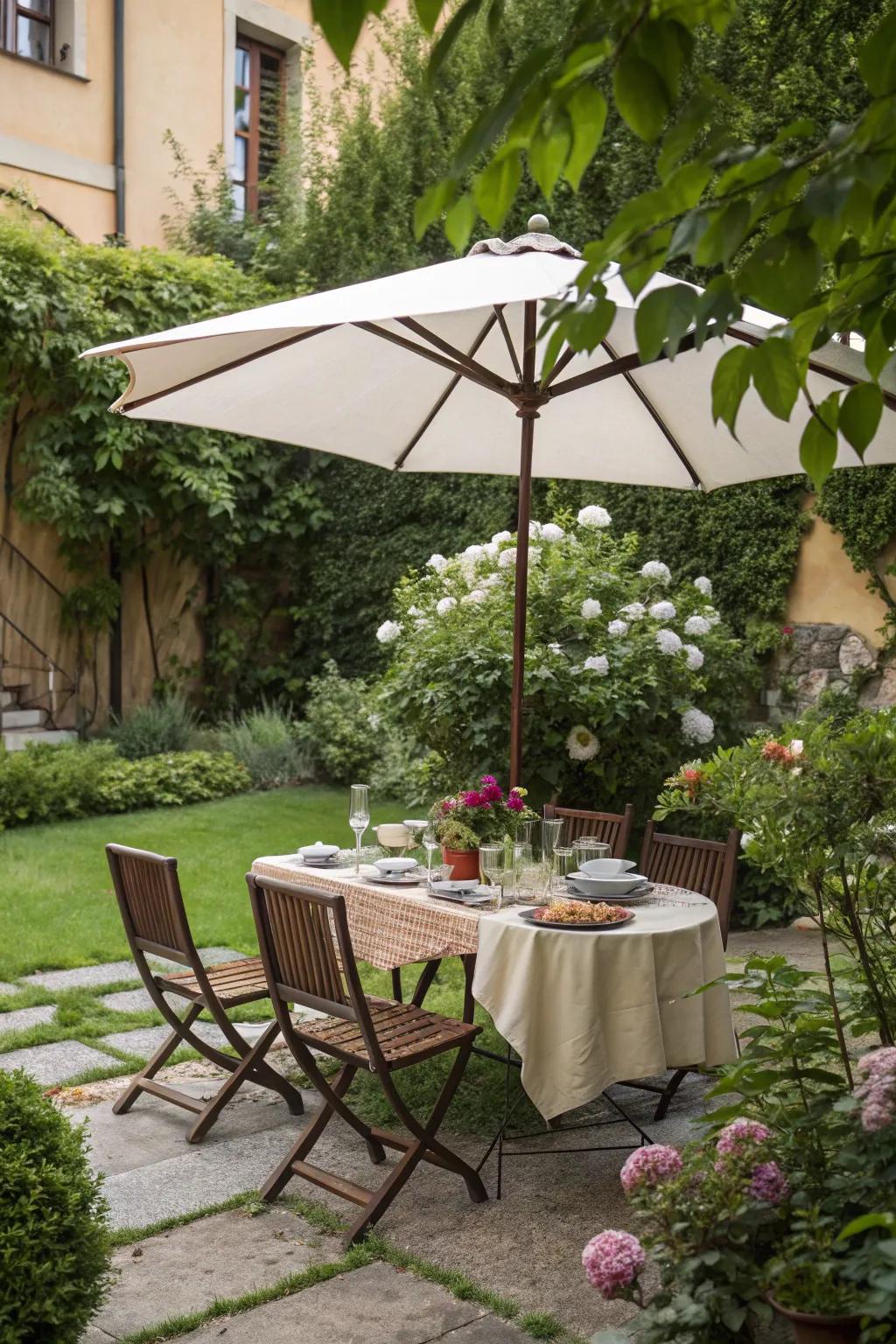 An outdoor dining setup perfect for garden meals.
