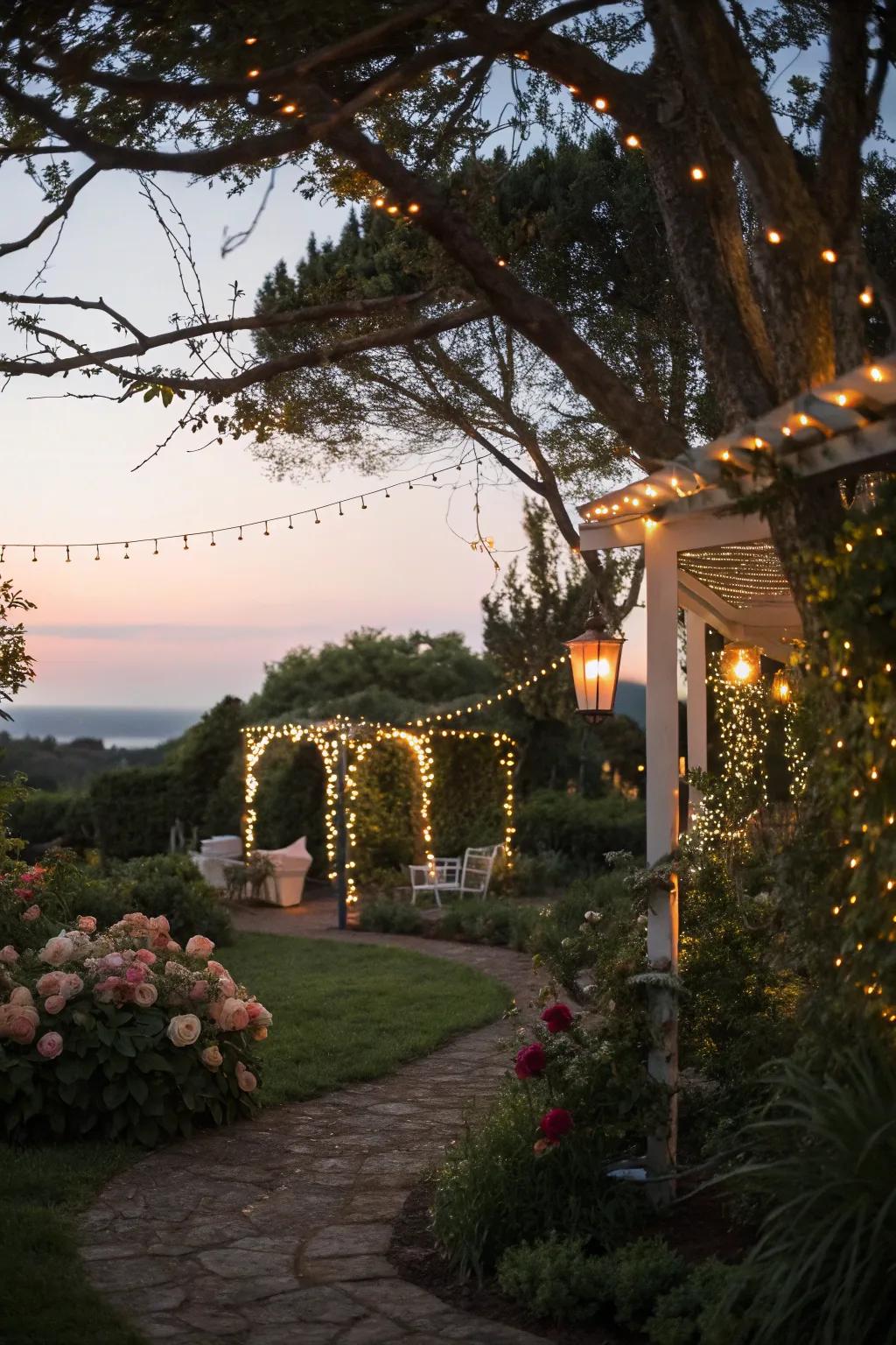 Garden glowing beautifully because of delicate string lights.