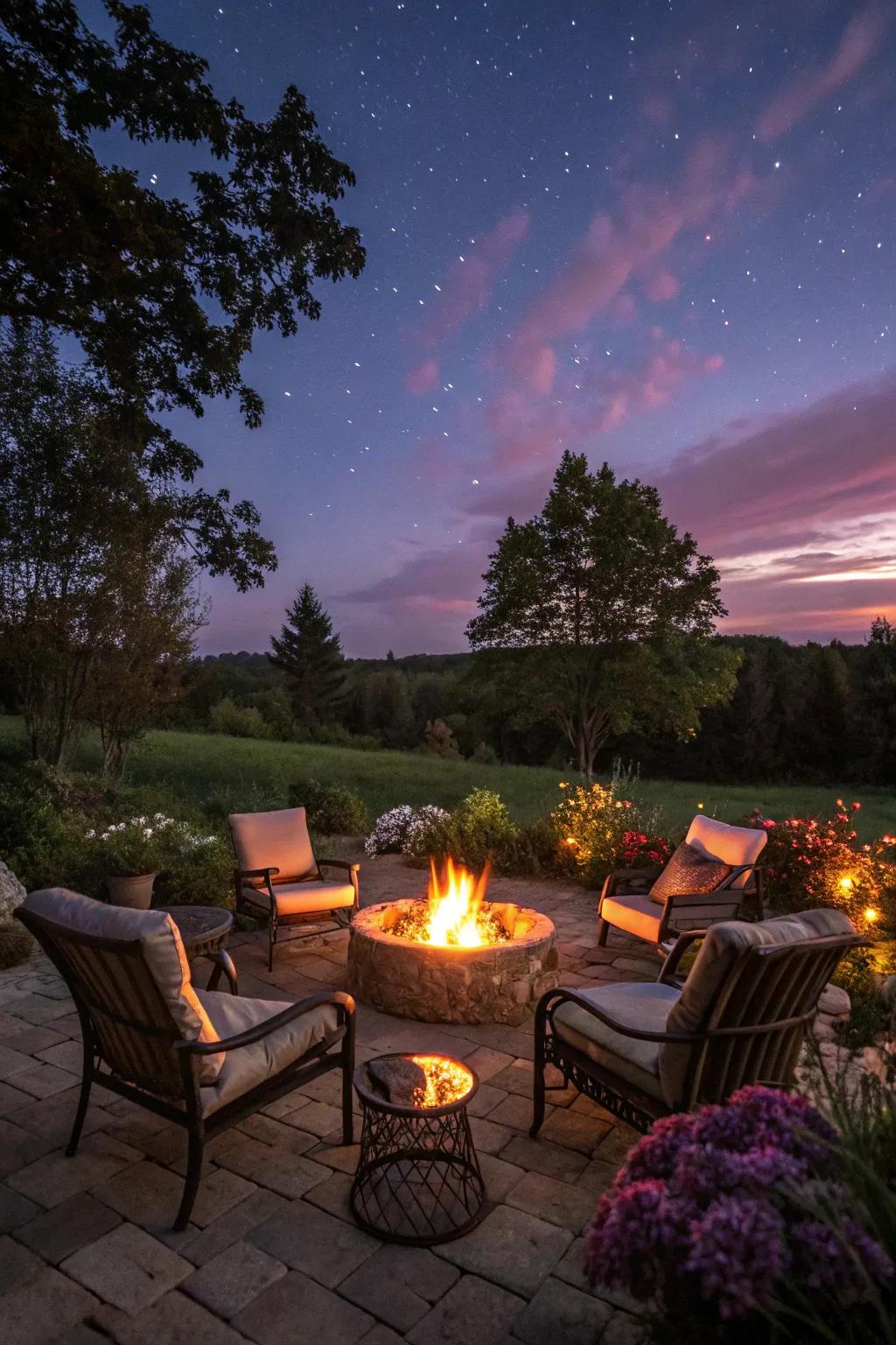 A warm gathering spot with a garden fire pit.