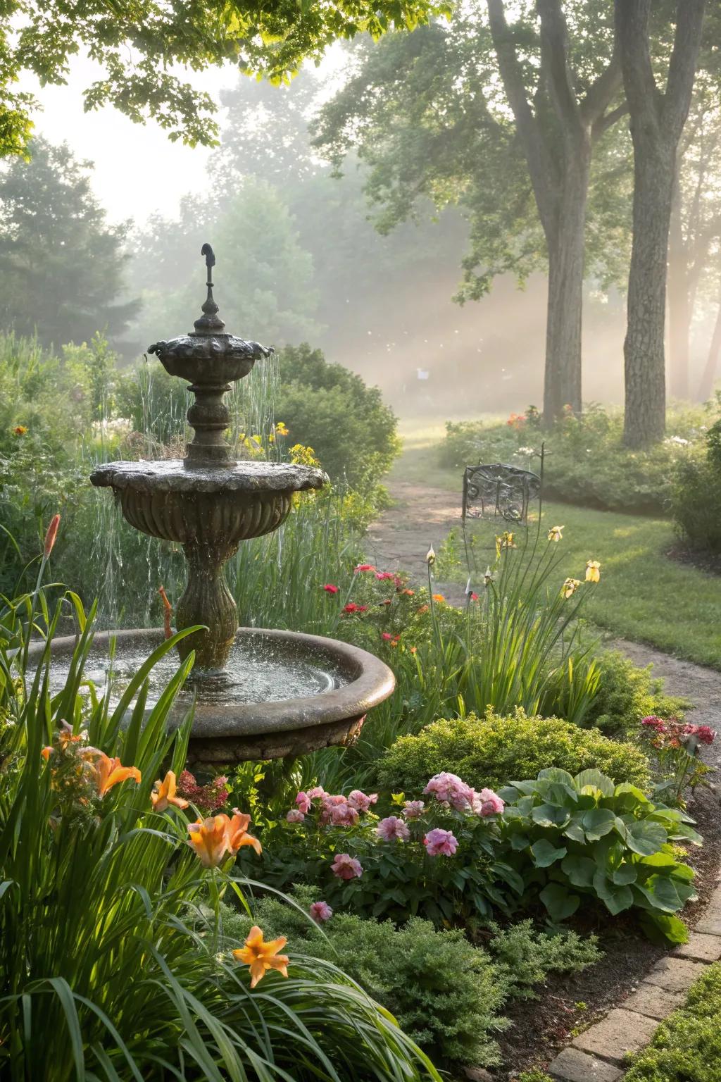 A calming garden water feature with flowing water.