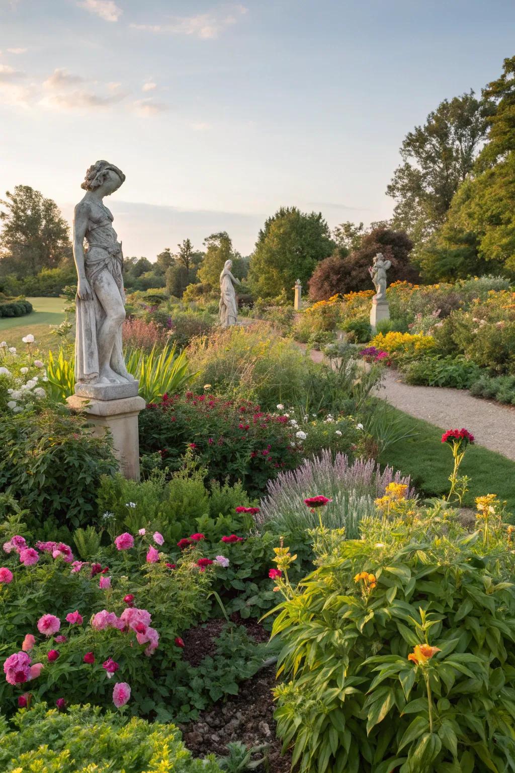 Decorative sculptures enhancing garden character.