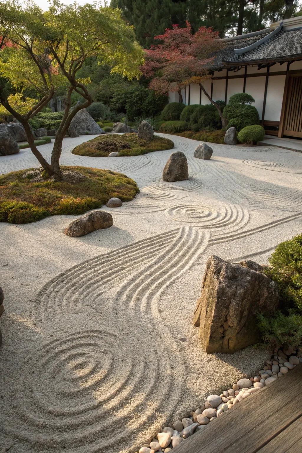 A minimalist Zen sand garden perfect for meditation.