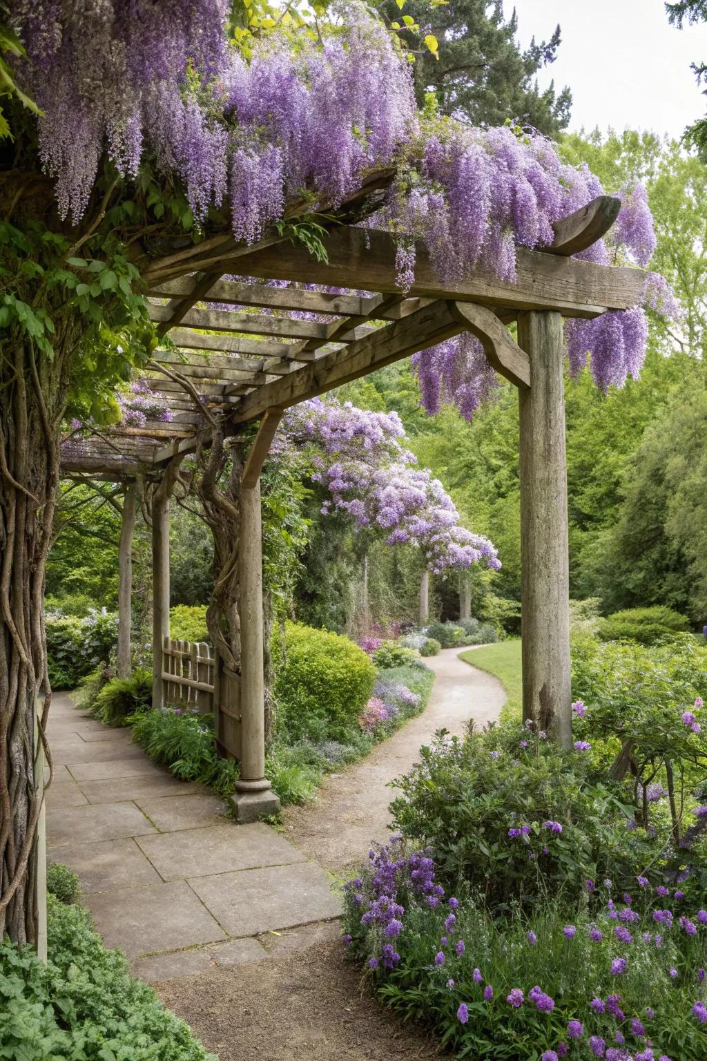 A beautiful arbor covered in climbing plants welcomes visitors.