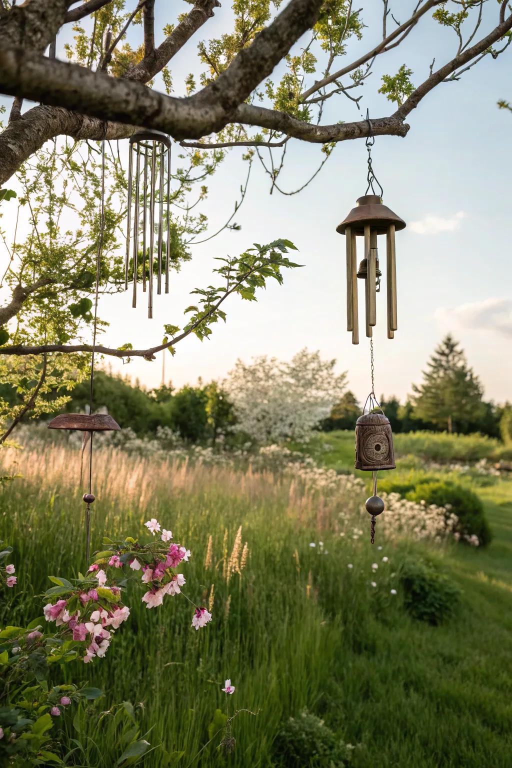 Melodic wind chimes bringing a delicate atmosphere to a garden.