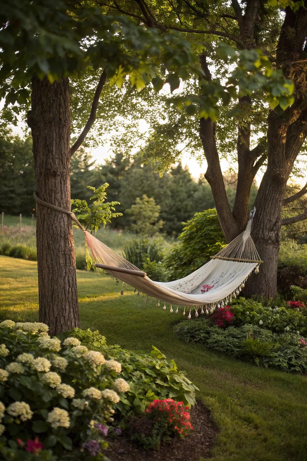 A peaceful hammock spot installed between two trees.