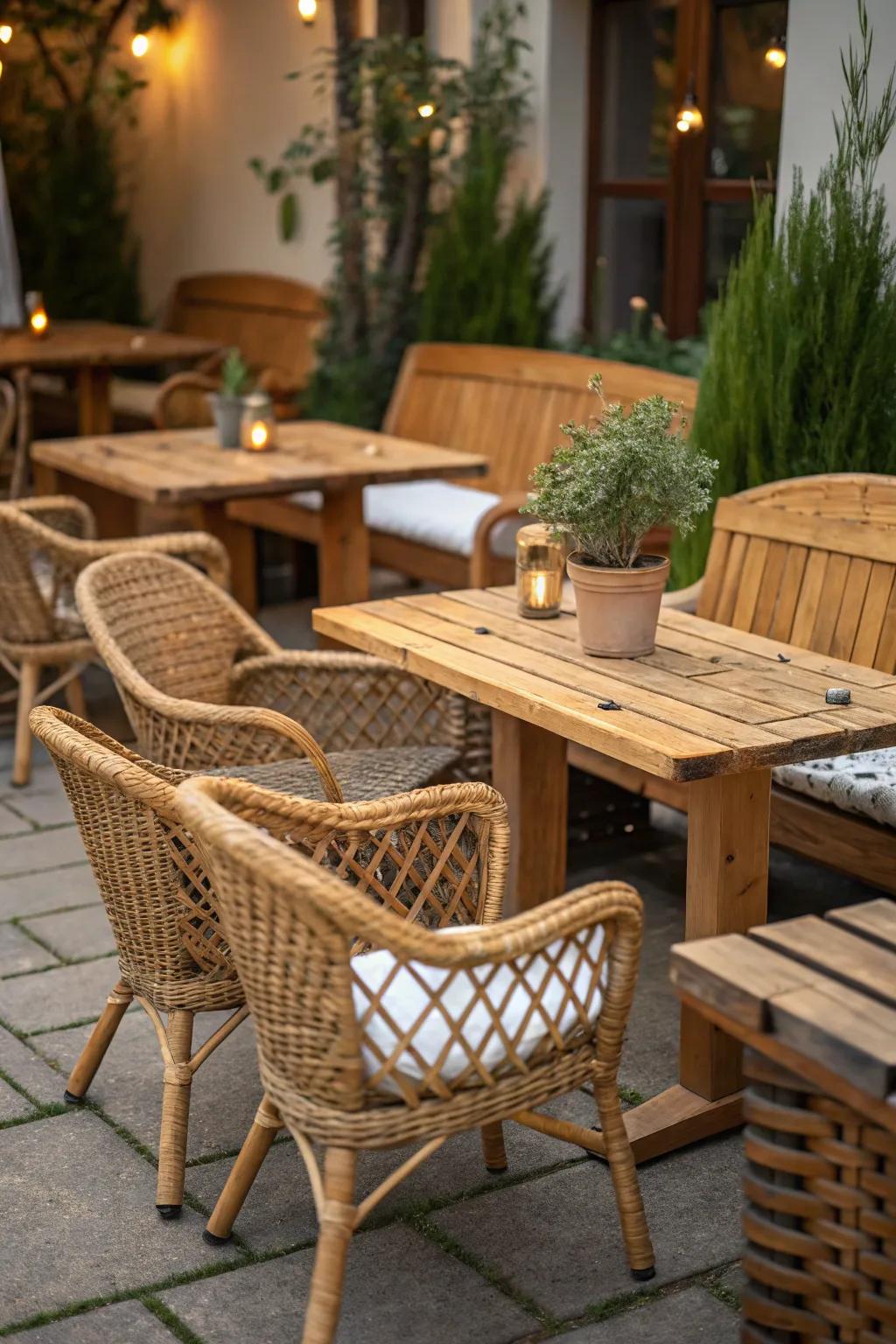 Garden enriched with natural wood and wicker textures.