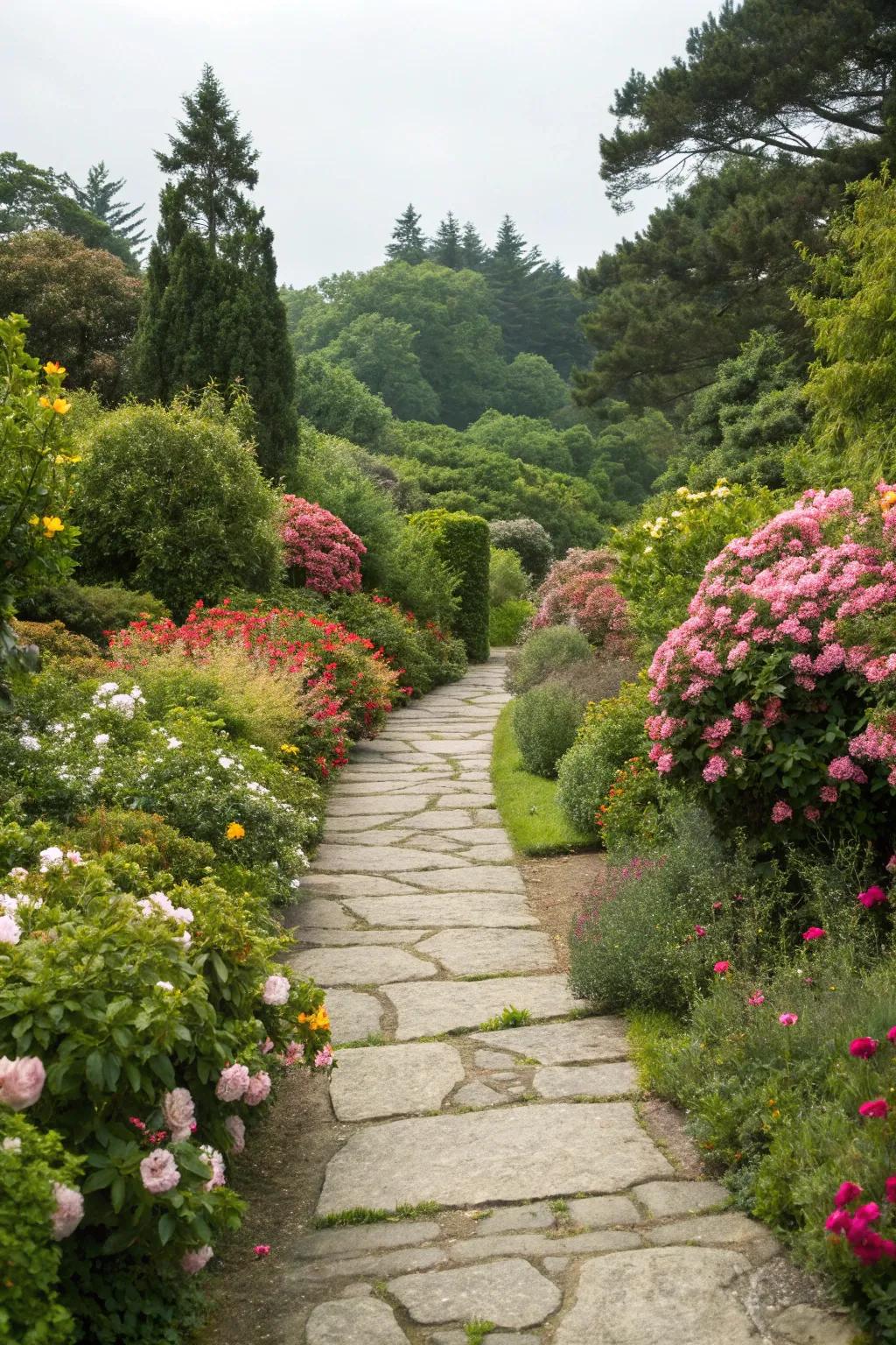 A winding stone path leading through a lush garden.